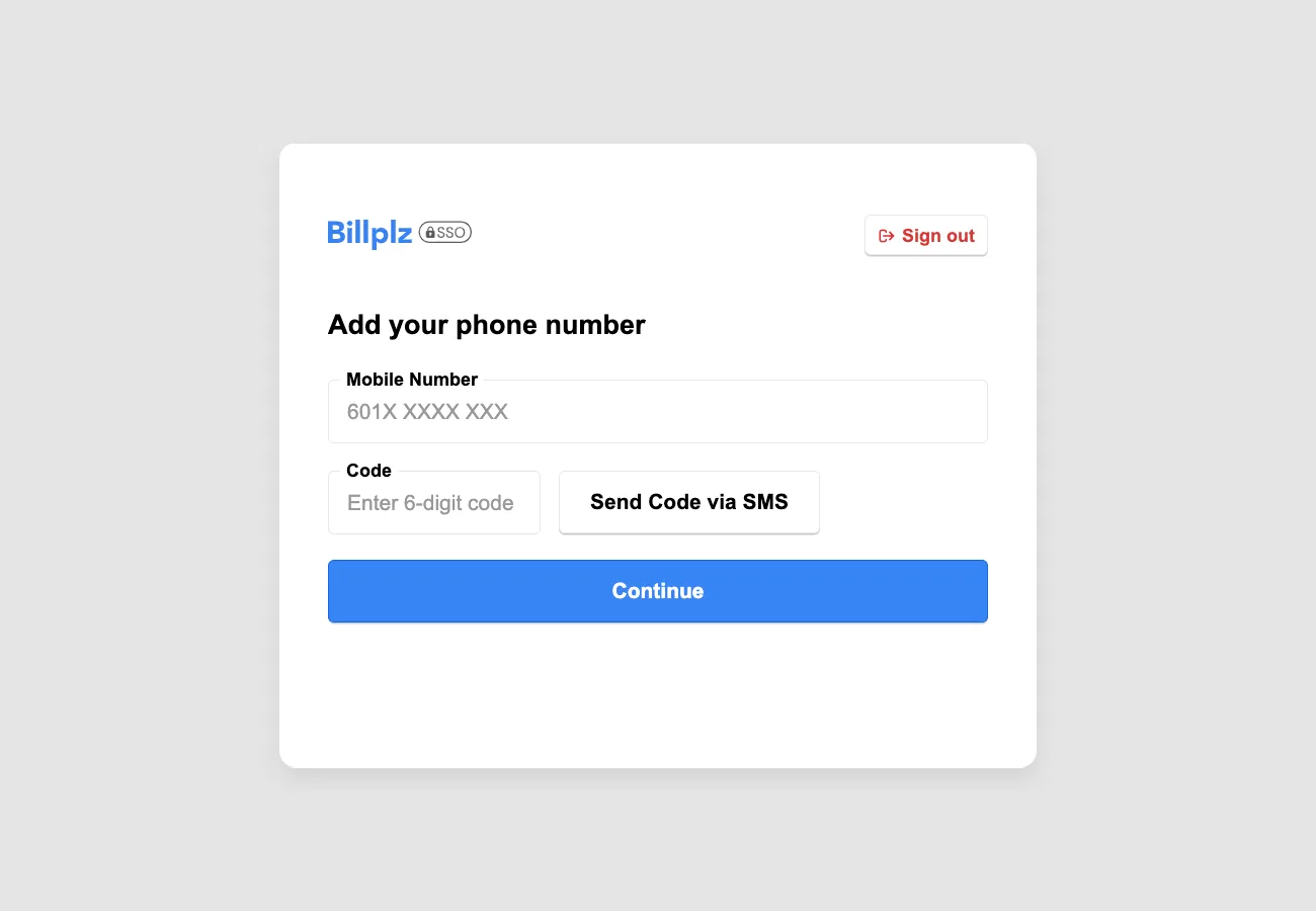 Billplz SSO - Phone verification screen
