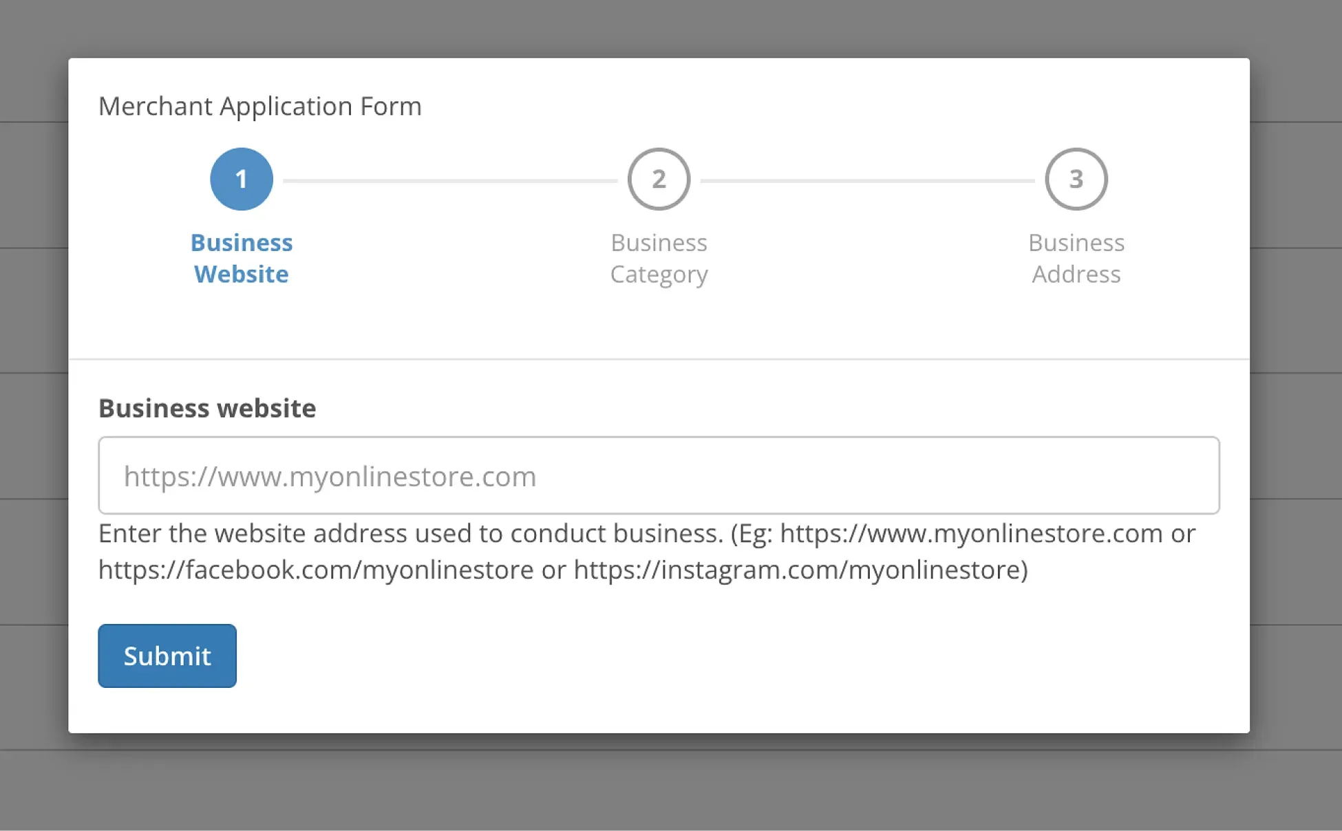 Merchant Application Step 1 - The "Business Website" input stage of the post-verification merchant form sequence.