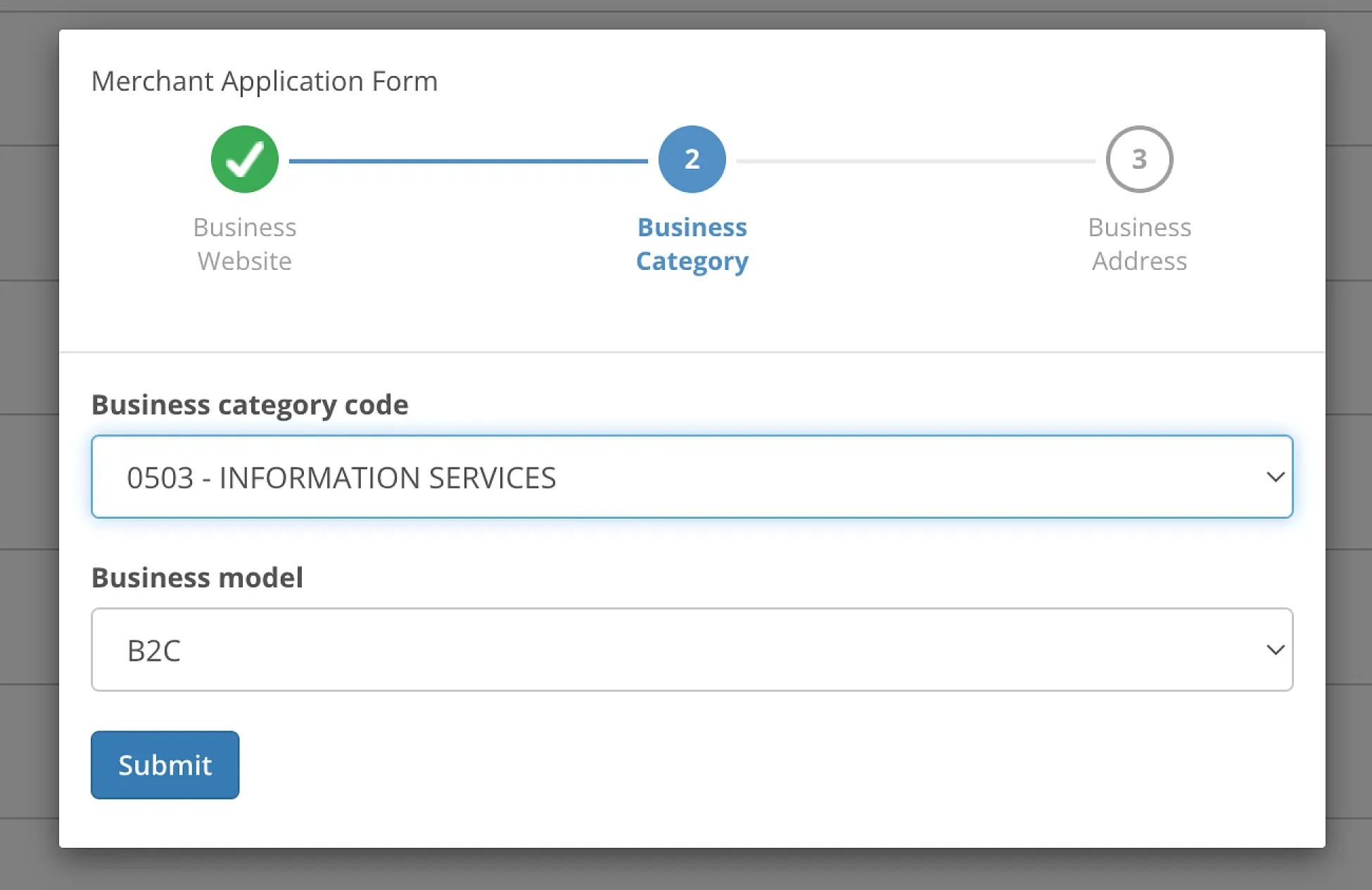 Merchant Application Step 2 - Selecting the appropriate regulatory business category code and targeted customer model from the dropdown lists.