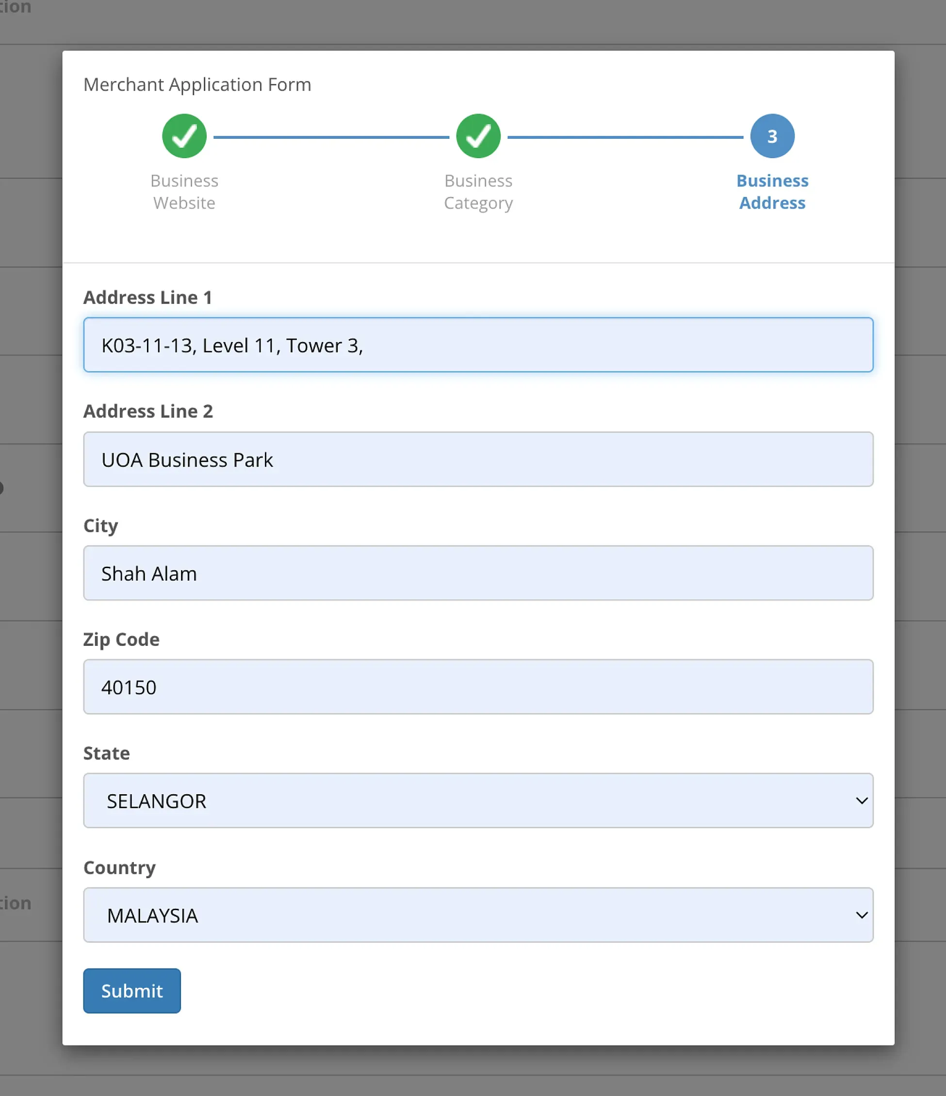 Merchant Application Step 3 - Inputting the standard physical operating address lines, city, postal code, and state parameters.