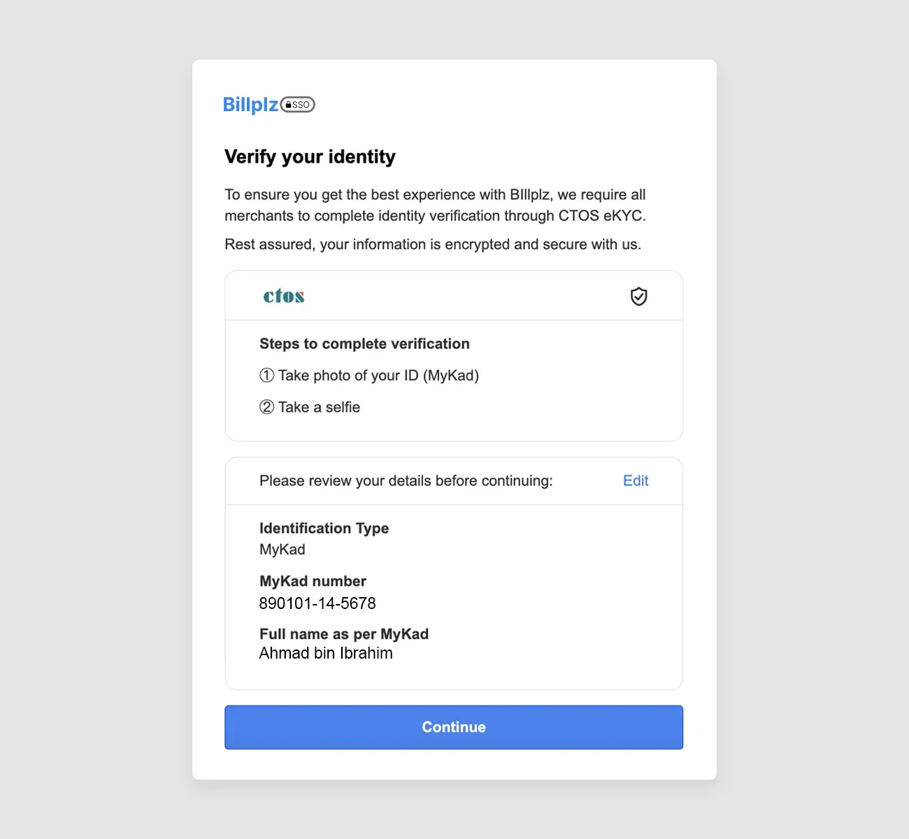 Billplz SSO - Verify your identity screen