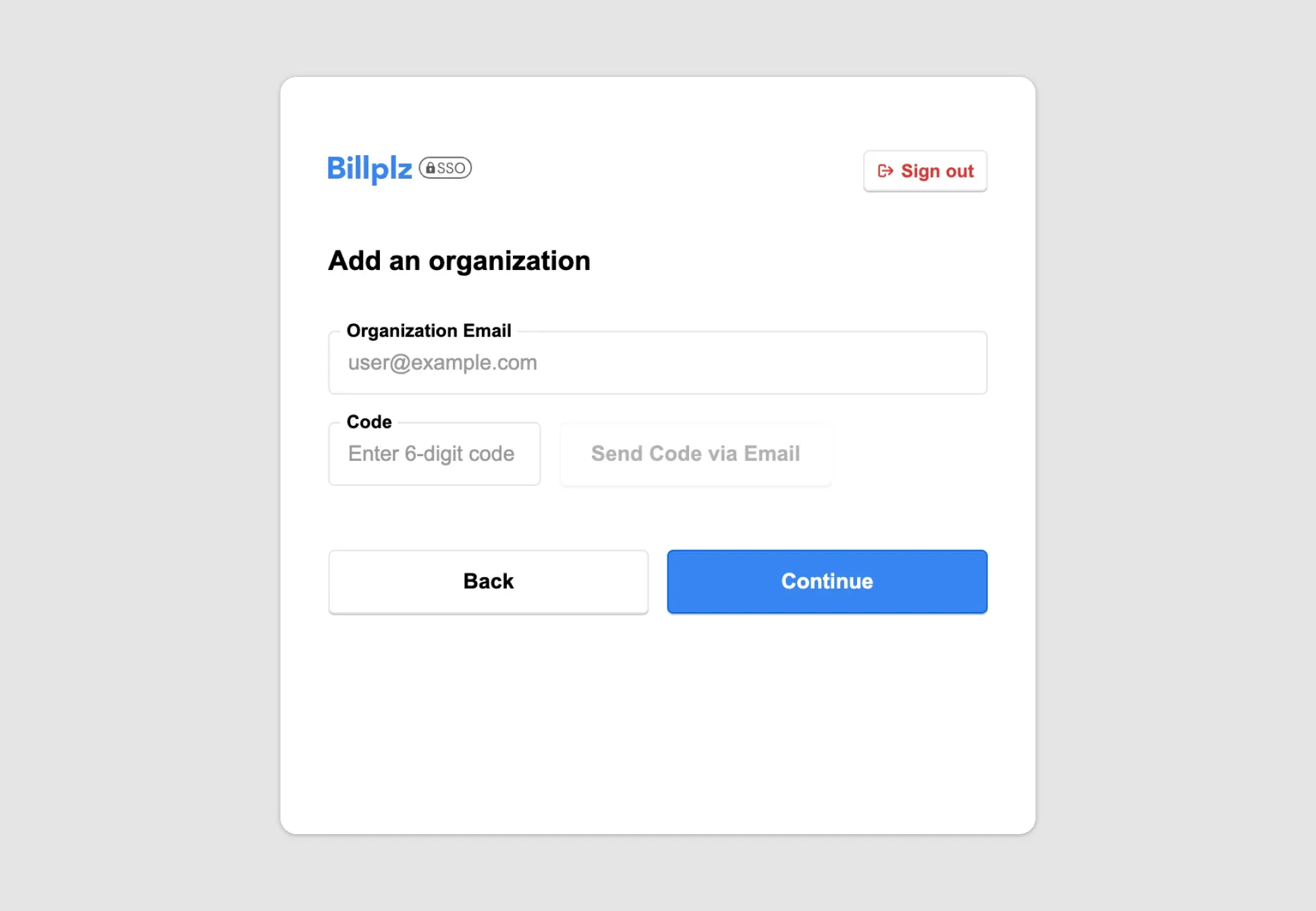 Billplz Organization Registration - Form screen to specify the new organization email address and request a 6-digit confirmation code.