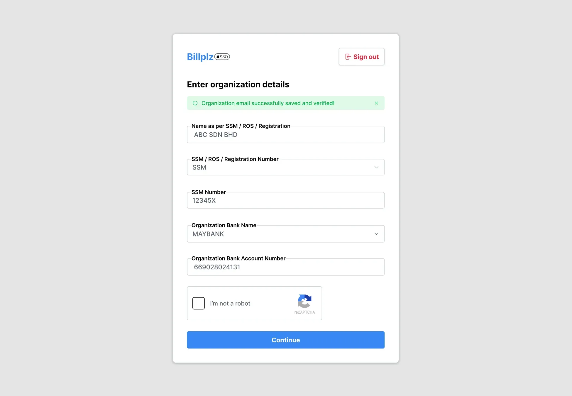 Billplz Organization Details - Form layout with a verified email banner, used to supply registration numbers, official business names, and bank details.
