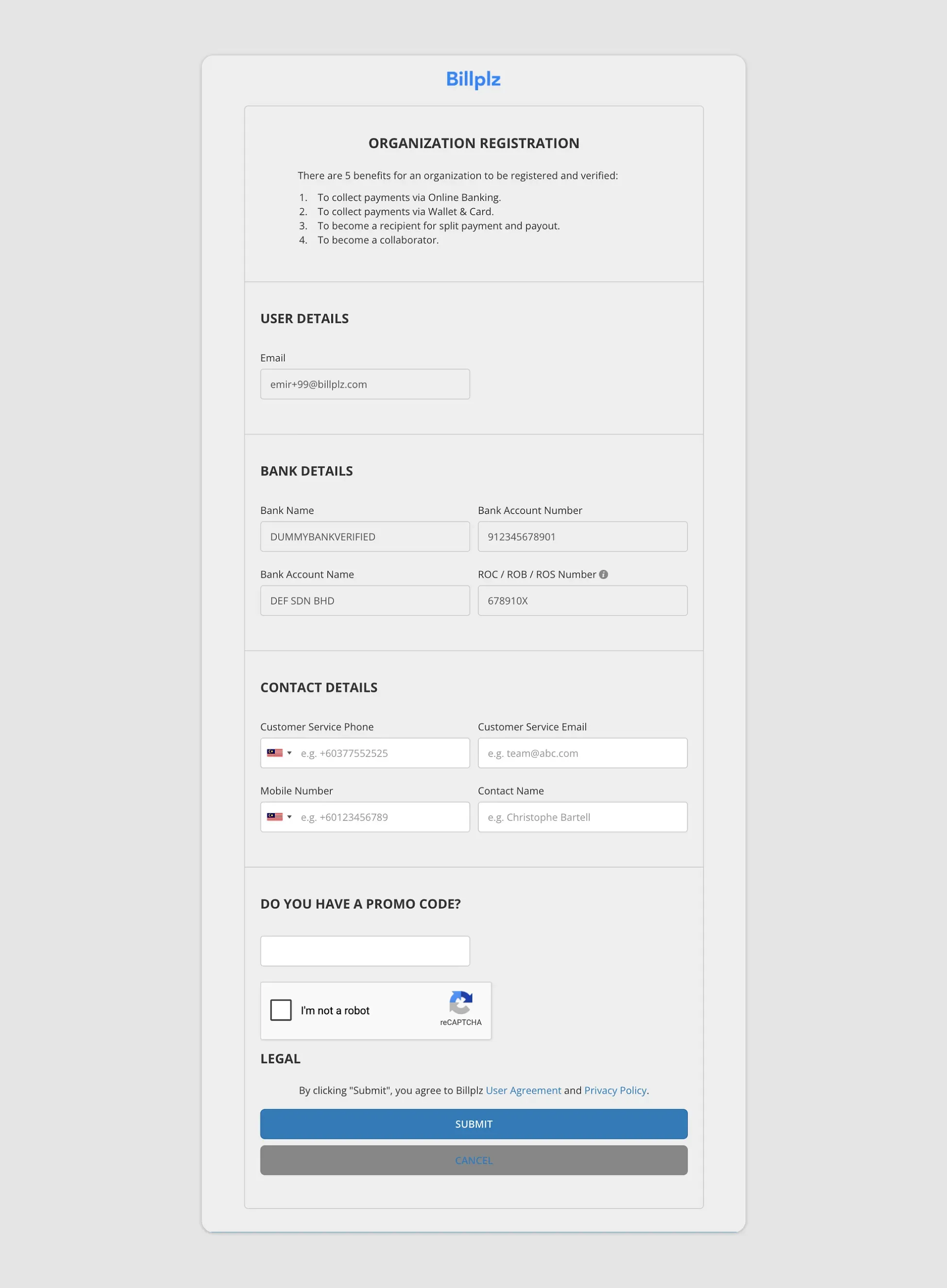 Organization Registration page showing Contact Details section