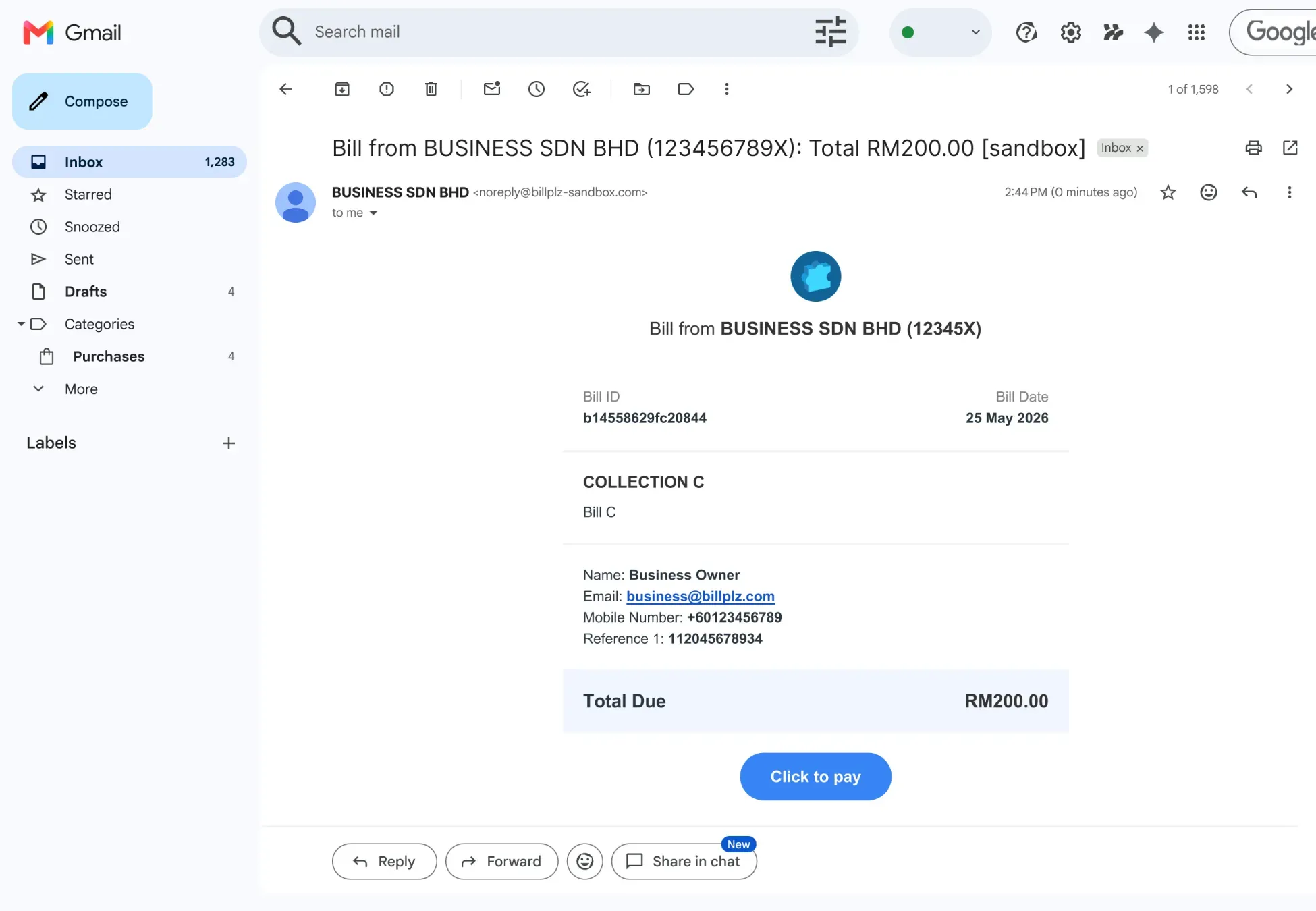Billplz Email Notification - Customer perspective of the incoming invoice email showing transaction details and the "Click to pay" gateway link.