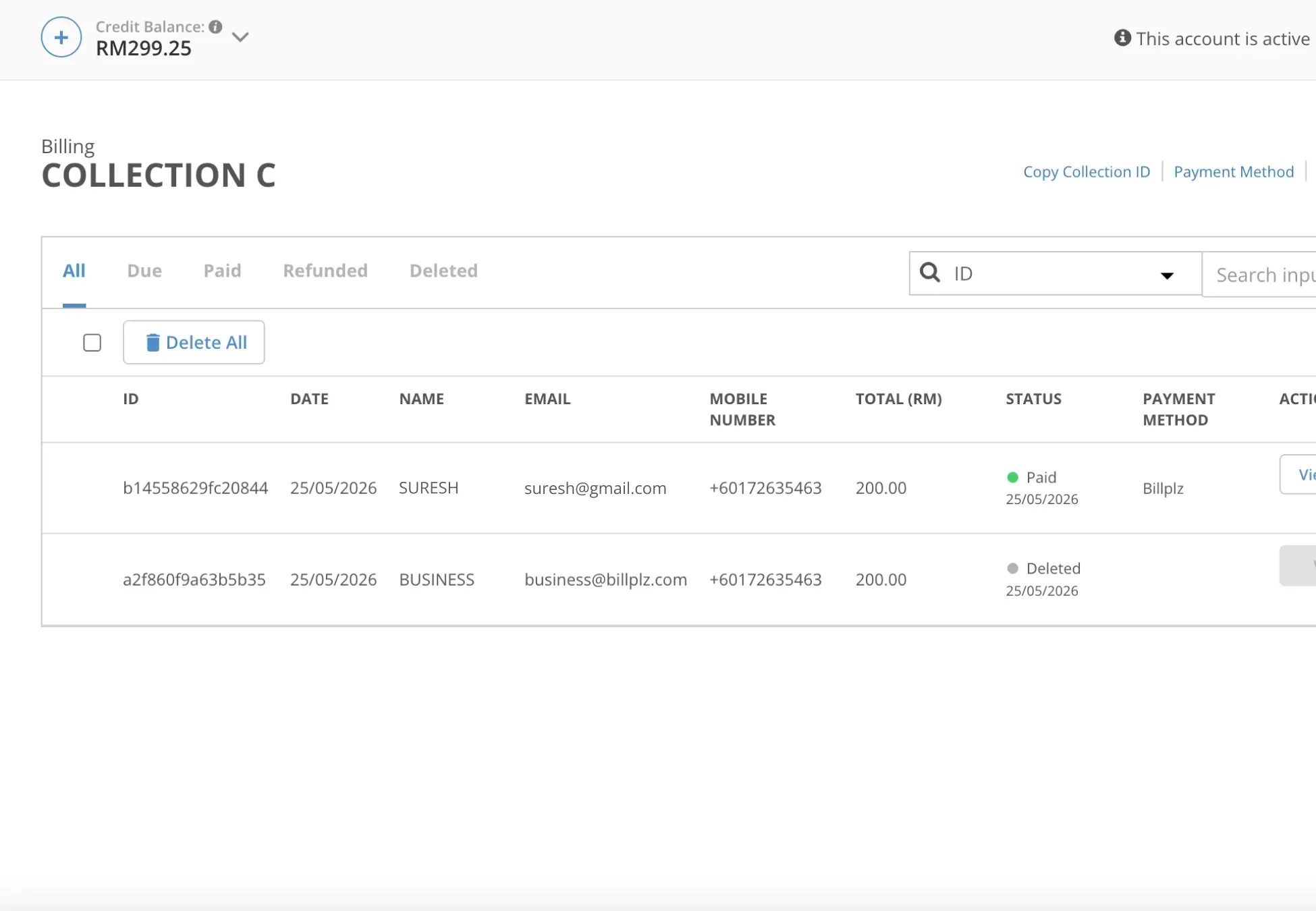Billplz Collection Tracking - Internal management panel updating a transaction item to a green "Paid" status indicator.