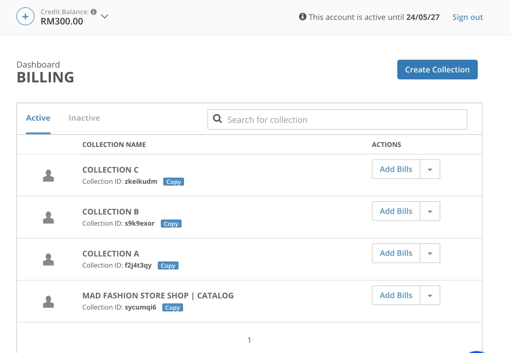 Billplz Billing Dashboard - Main collections workspace showing active payment groups with options to add bills.