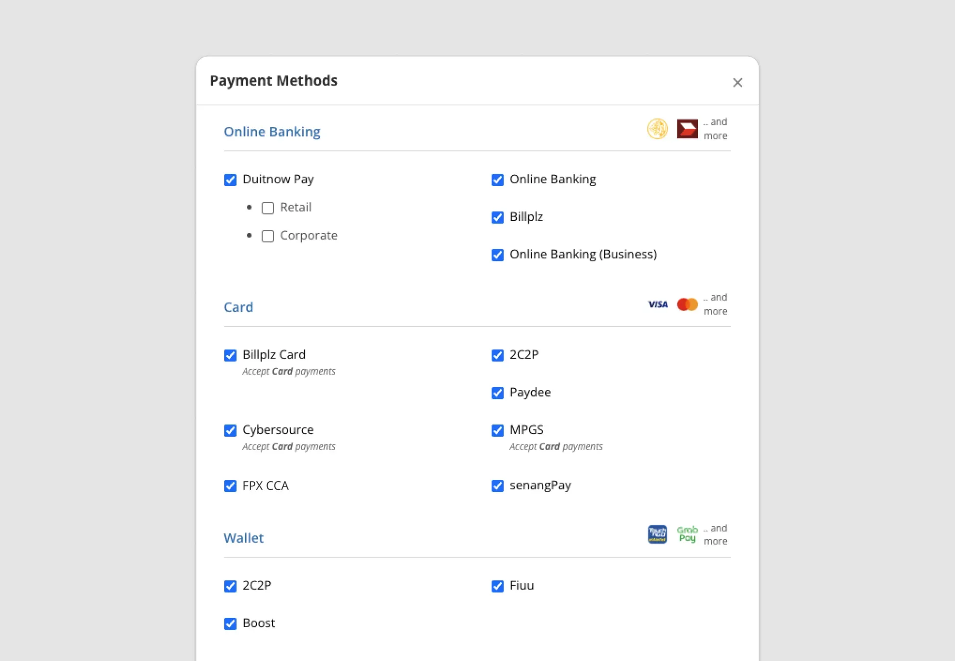 Billplz Payment Methods - Configuration window displaying standard checkbox choices for Online Banking, Card, and Wallet channels.