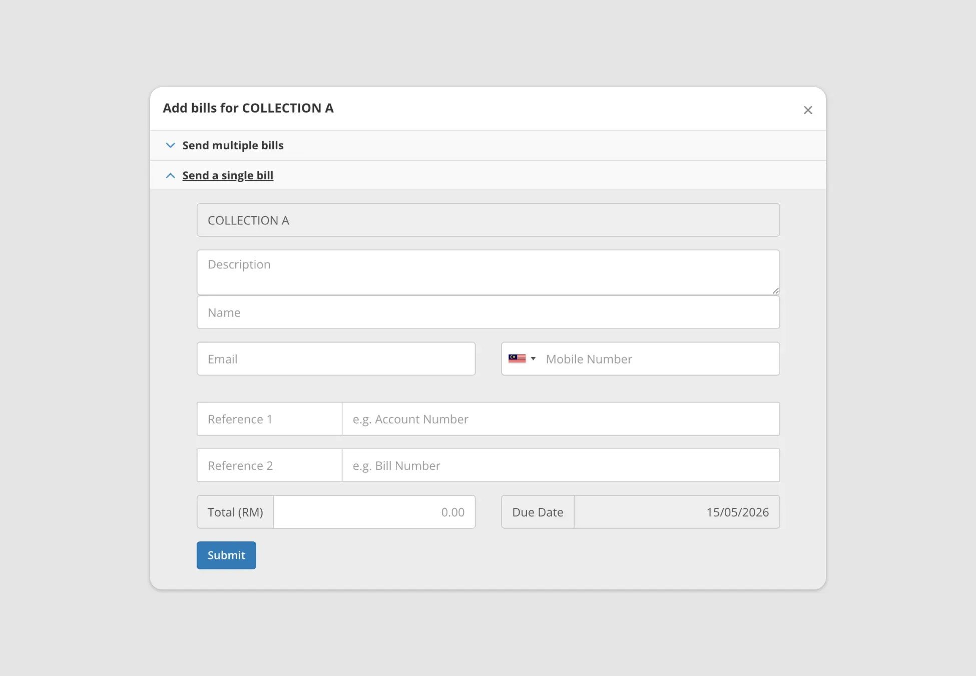 Billplz Add Bills - "Send a single bill" form with fields for name, email, and amount.