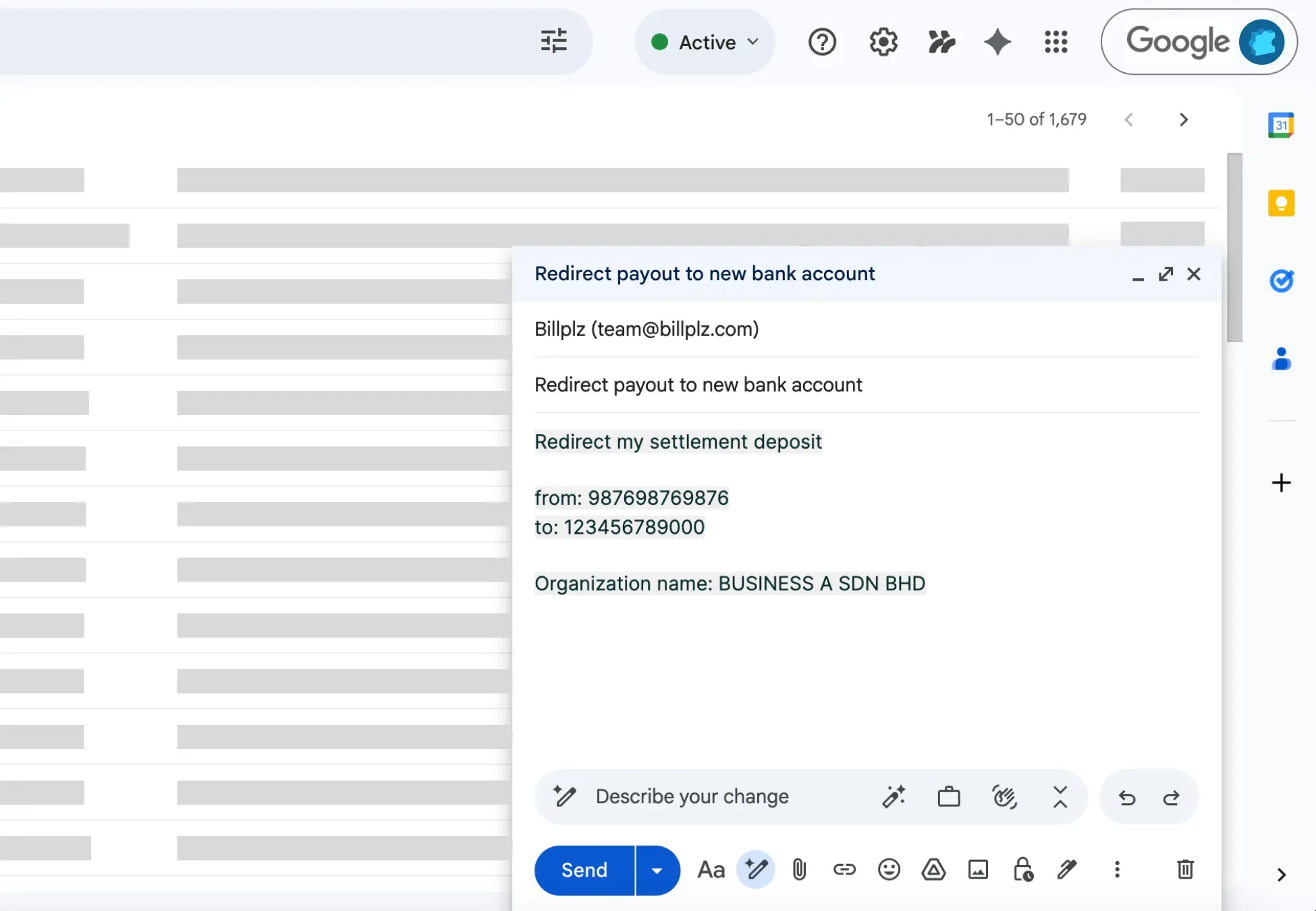 Billplz Email Template - Drafting a payout redirection request to team@billplz.com with old and new bank numbers.