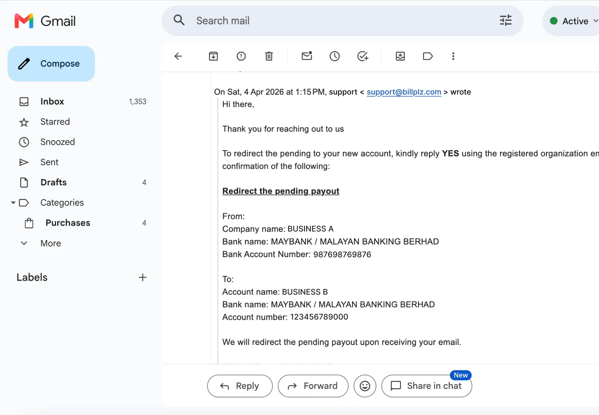 Billplz Email Notification - Sample verification reply from support outlining the pending payout redirection confirmation steps.