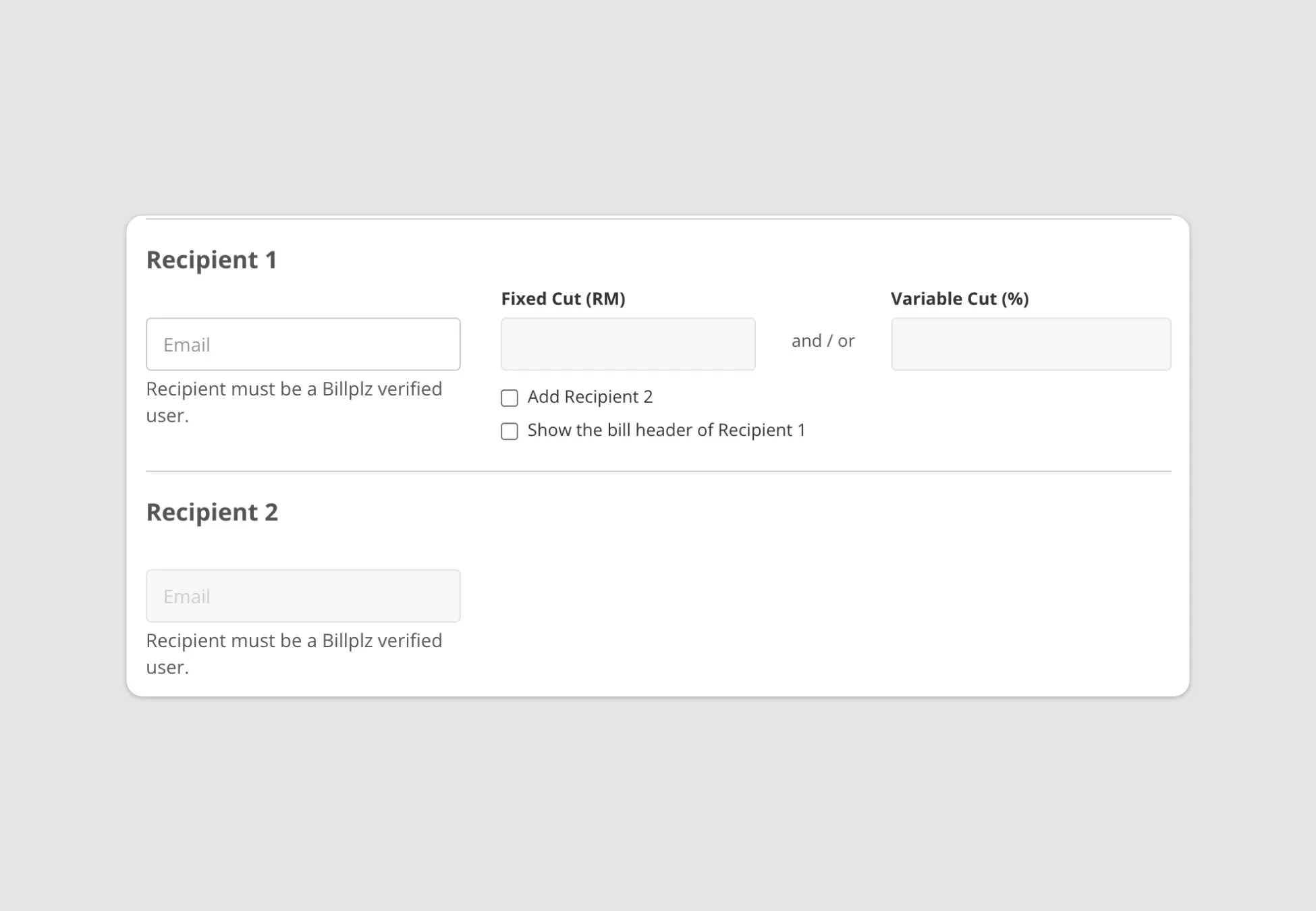 Billplz Split Rule - Recipient details section with email validation fields and split amount settings.