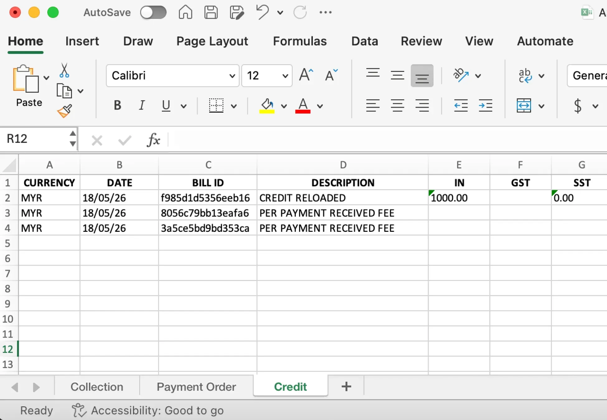 Billplz Excel Report - Credit tab layout displaying transaction details, including currency, date, and running balance.