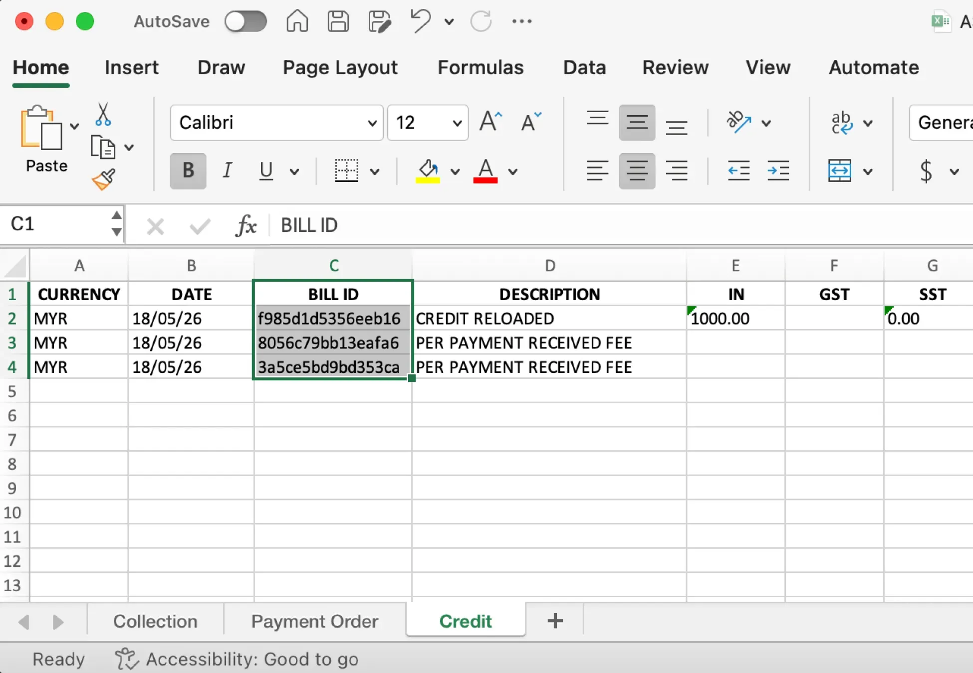 Billplz Reconciliation View - Comparative layout showing how to match Bill IDs between the Collection and Credit tabs.