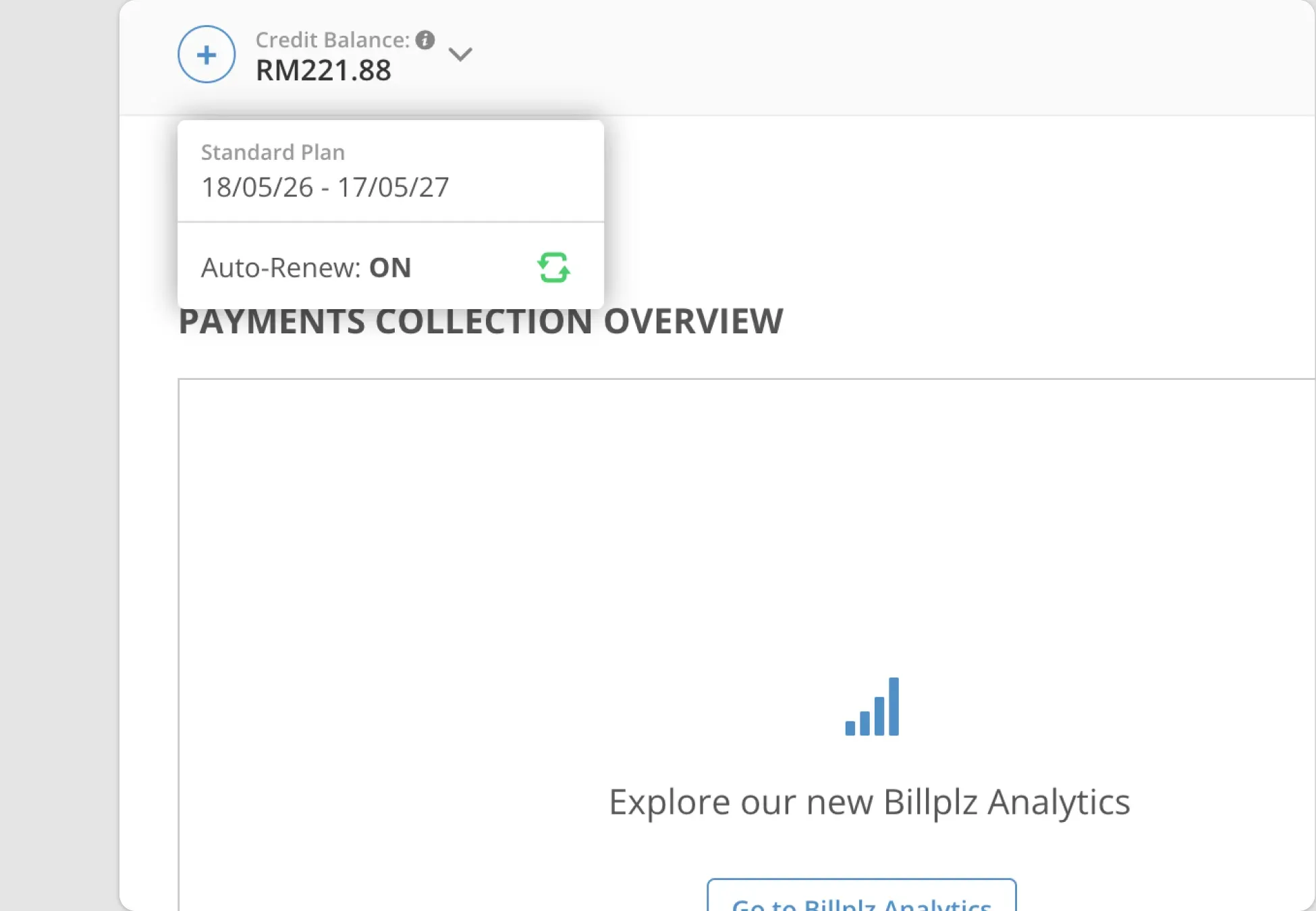 Billplz Plan Verification - Header dropdown panel showing the active Standard Plan validity dates and auto-renew status.