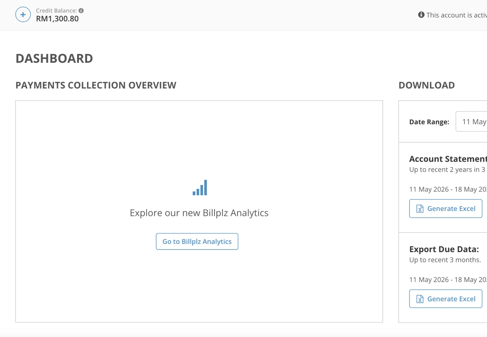 Billplz Dashboard - Top header displaying the default account Credit Balance before upgrading membership.