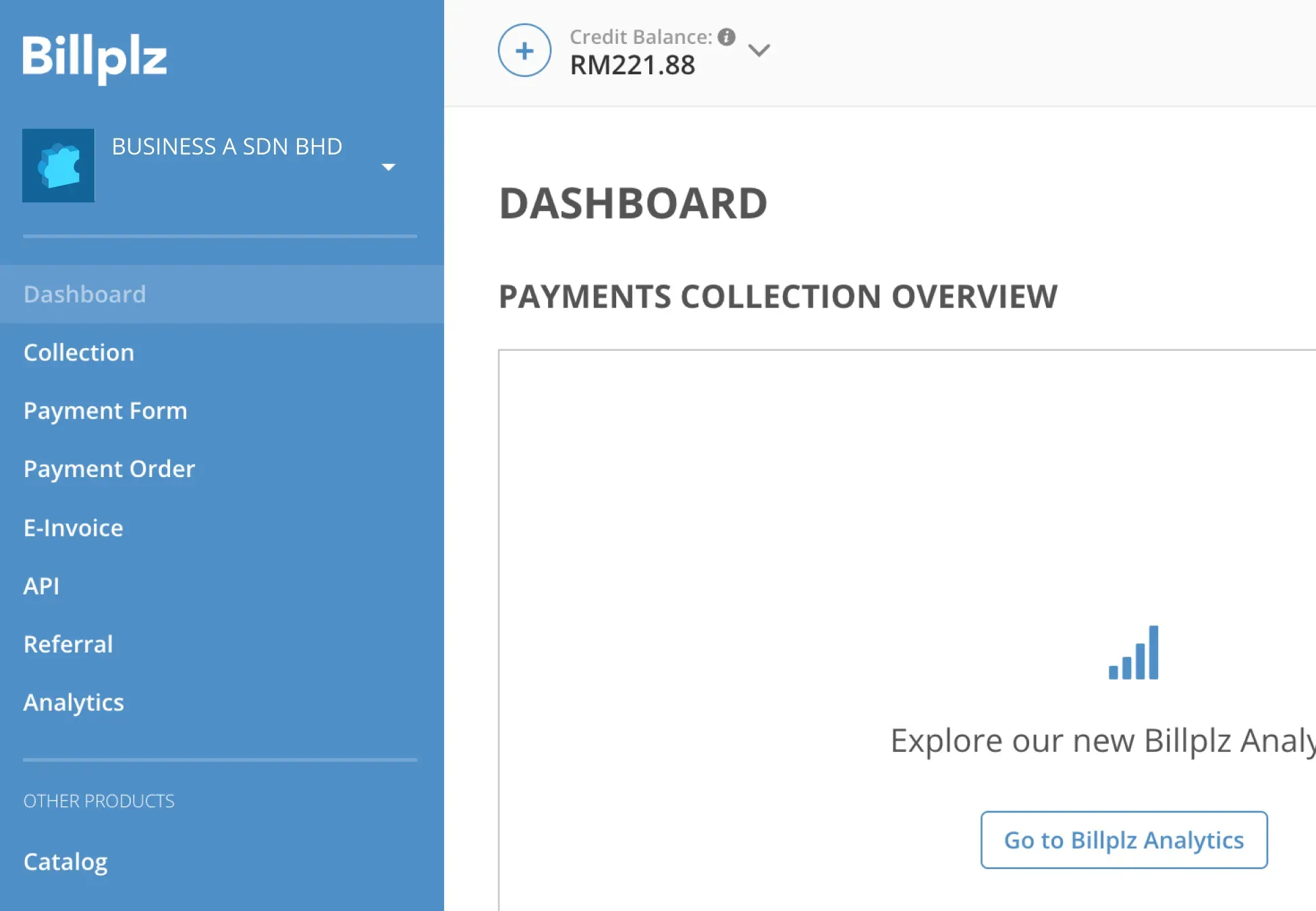 Billplz Dashboard Overview - Main dashboard screen displaying the Payments Collection Overview header.