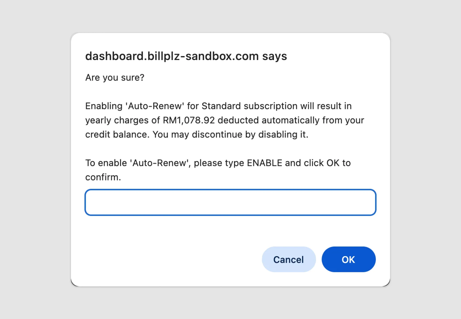Billplz Auto-Renew Confirmation - Browser dialog box requiring text confirmation to enable automatic subscription renewal.