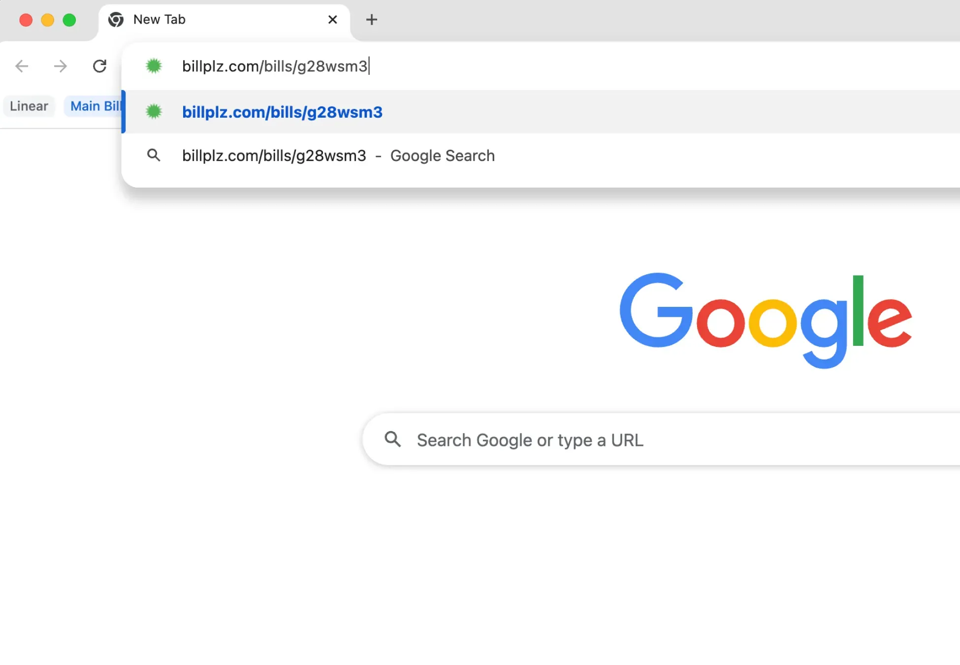 Billplz URL Entry - Browser navigation bar showing a specific direct bill link string format being entered.