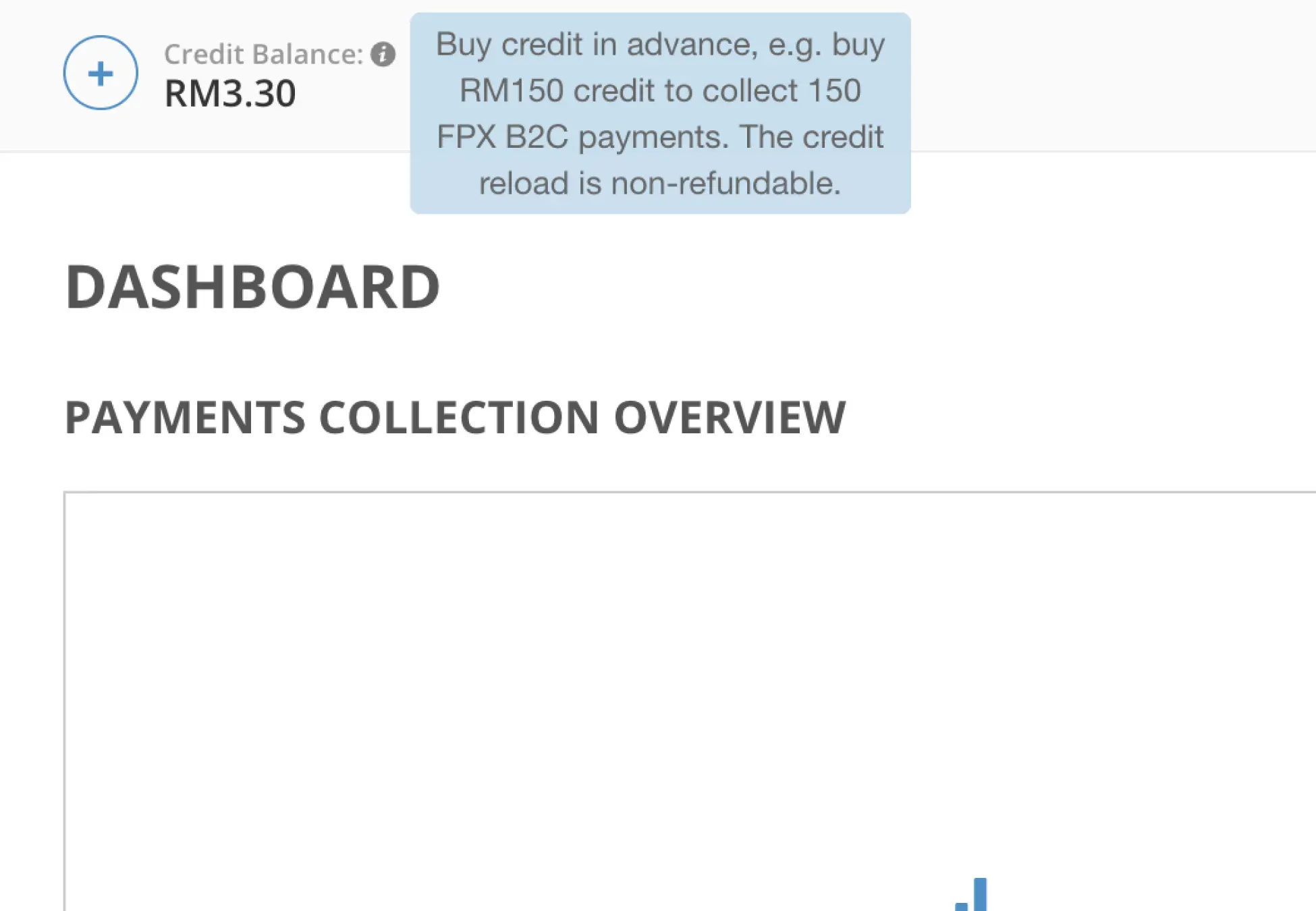 Billplz Basic Plan Tooltip - Info icon hover message detailing advance credit reloads for transaction collections.