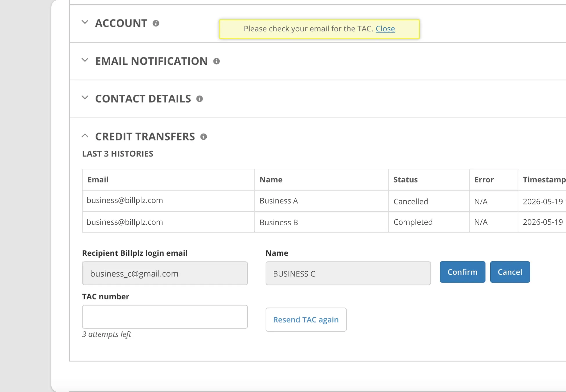 Billplz TAC Verification - Prompt requesting the Transaction Authorization Code sent to the organization's email address.