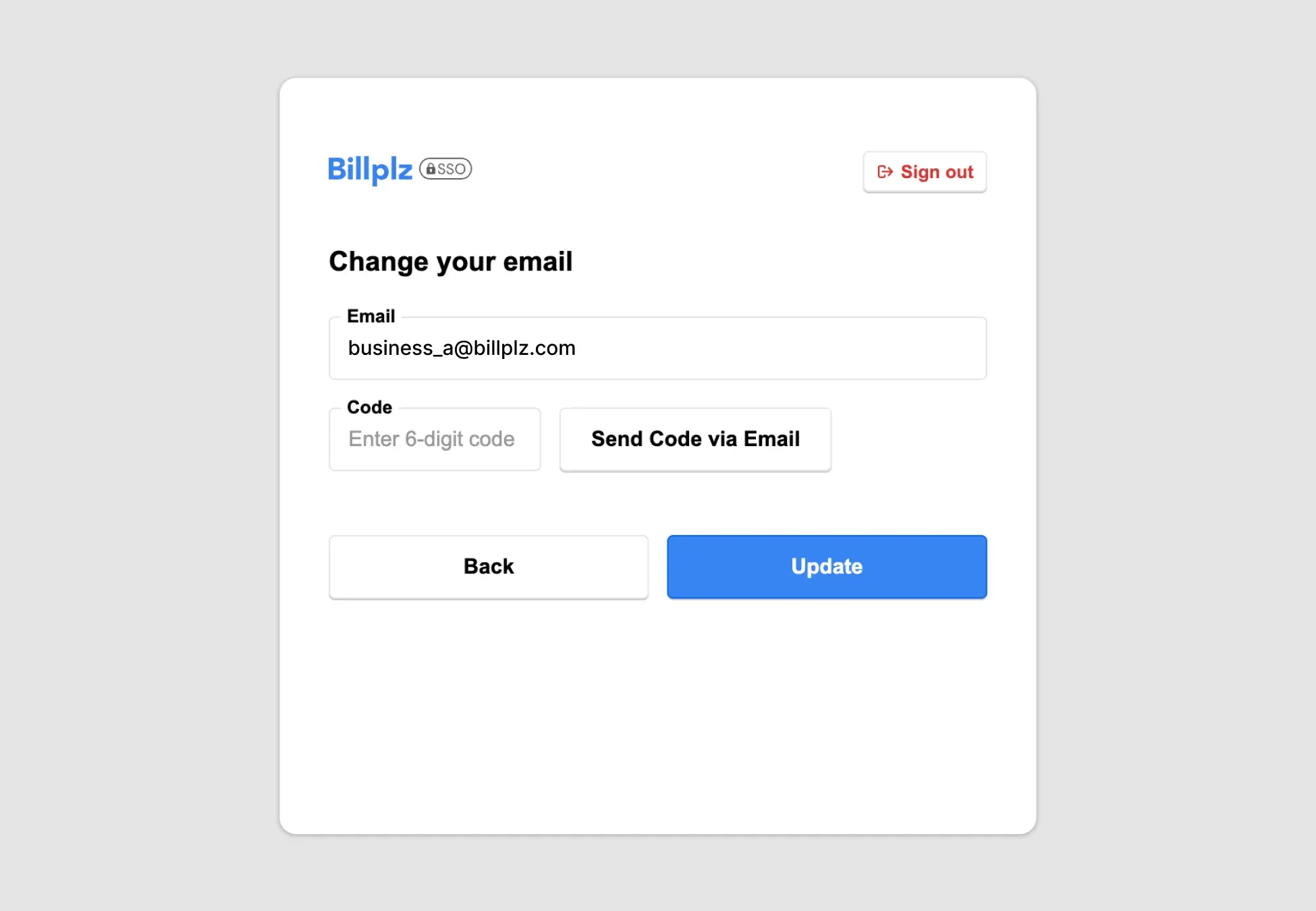Billplz Email Update - Input form to specify a new login email address and request a verification code.