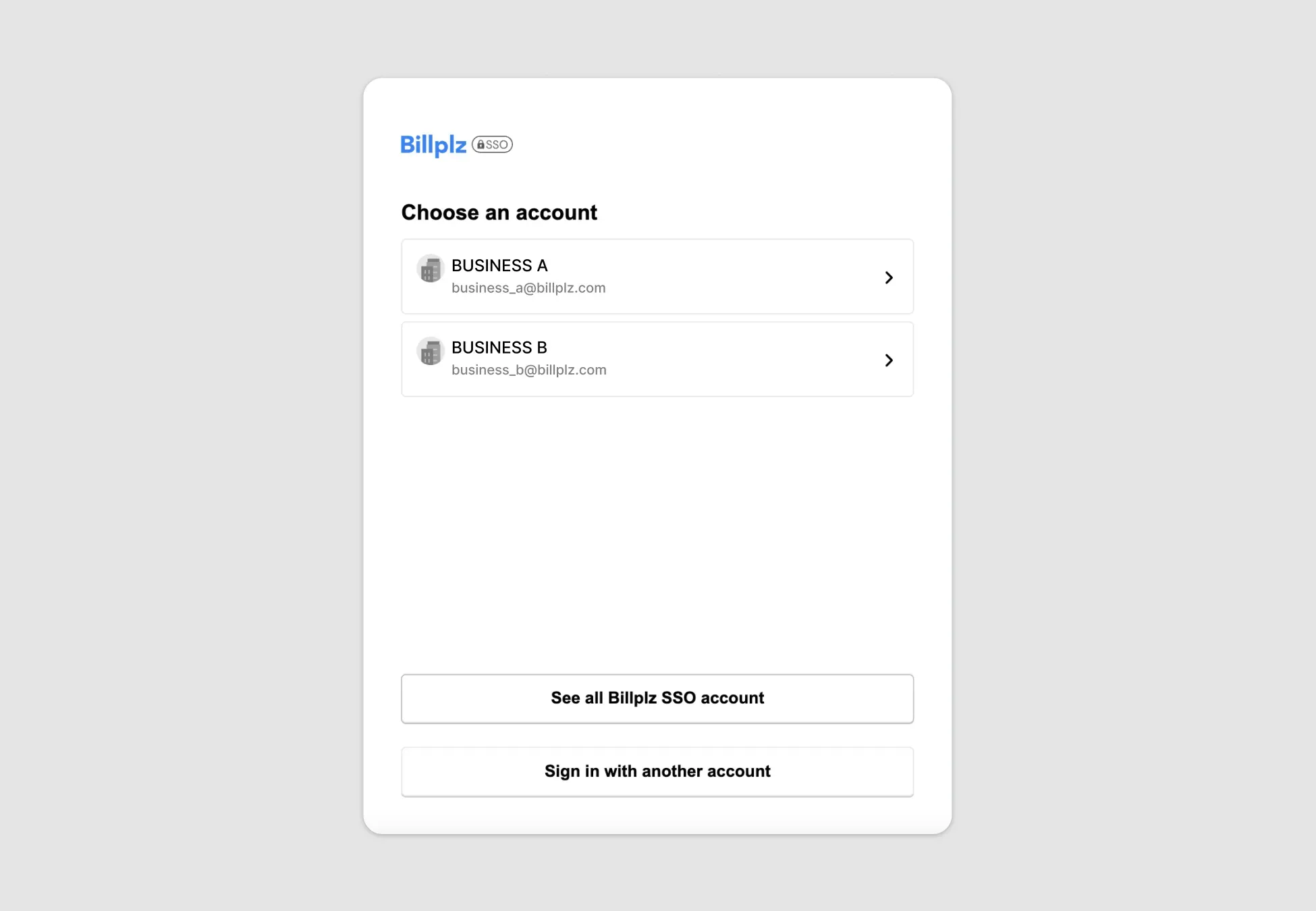 Billplz SSO Account Selection - Portal login screen prompting the user to choose a specific business account profile.