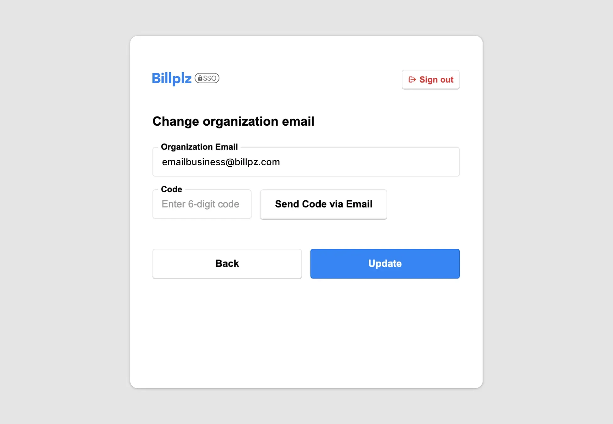 Billplz Email Form - Changing the target organization email and initiating a verification code request.