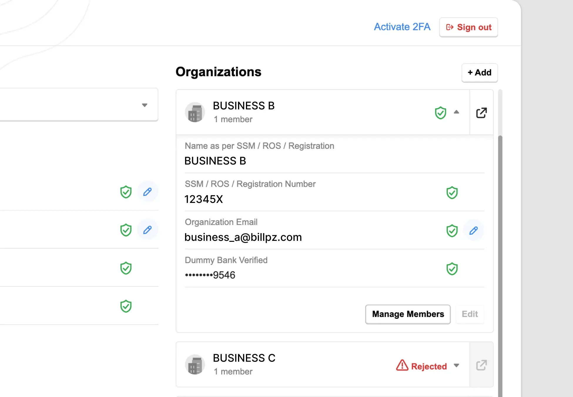 Billplz SSO Dashboard - Locating the "Manage Members" button within an expanded organization block.