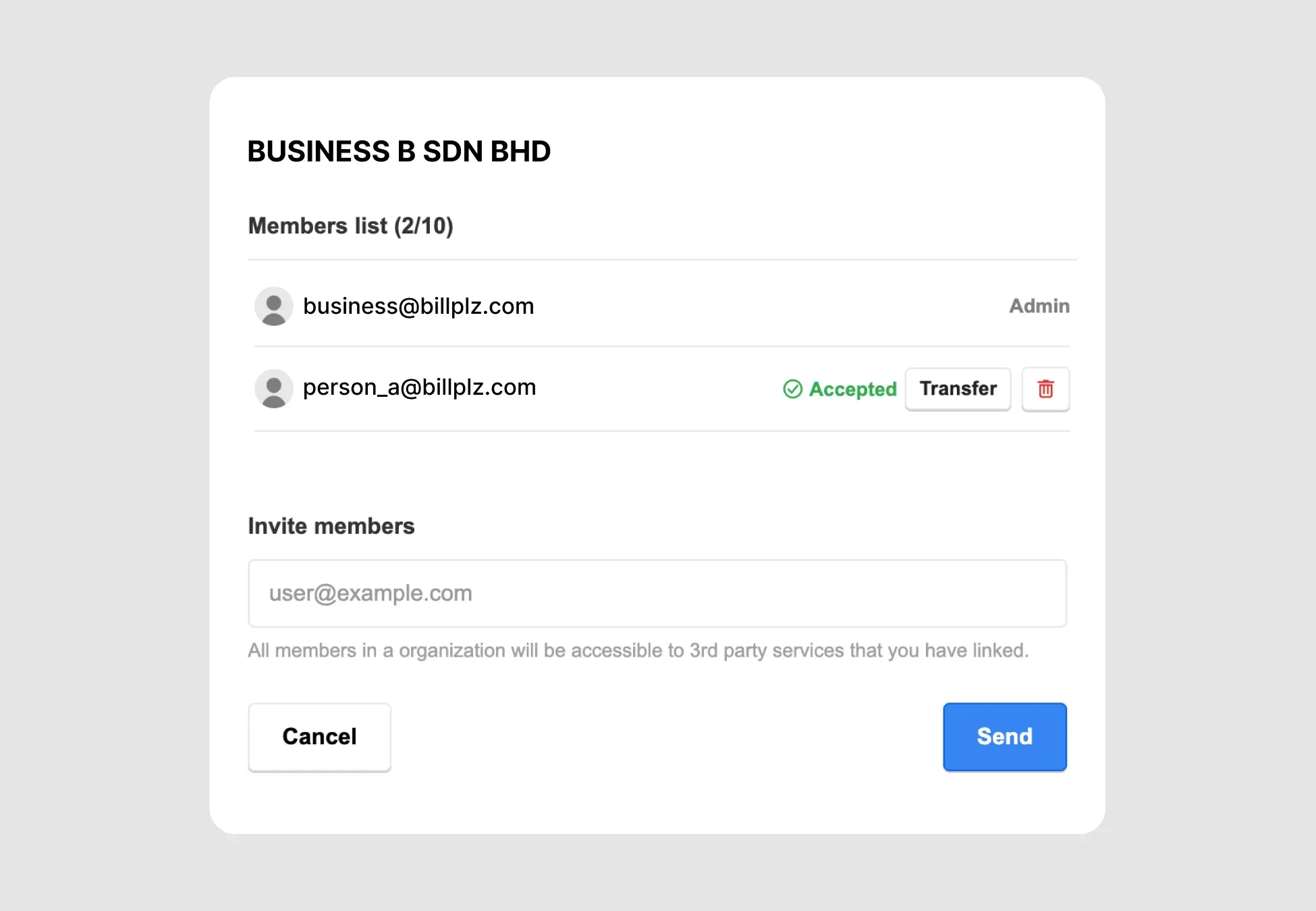 Billplz Member List - Profile management view confirming the member's status has updated to "Accepted".