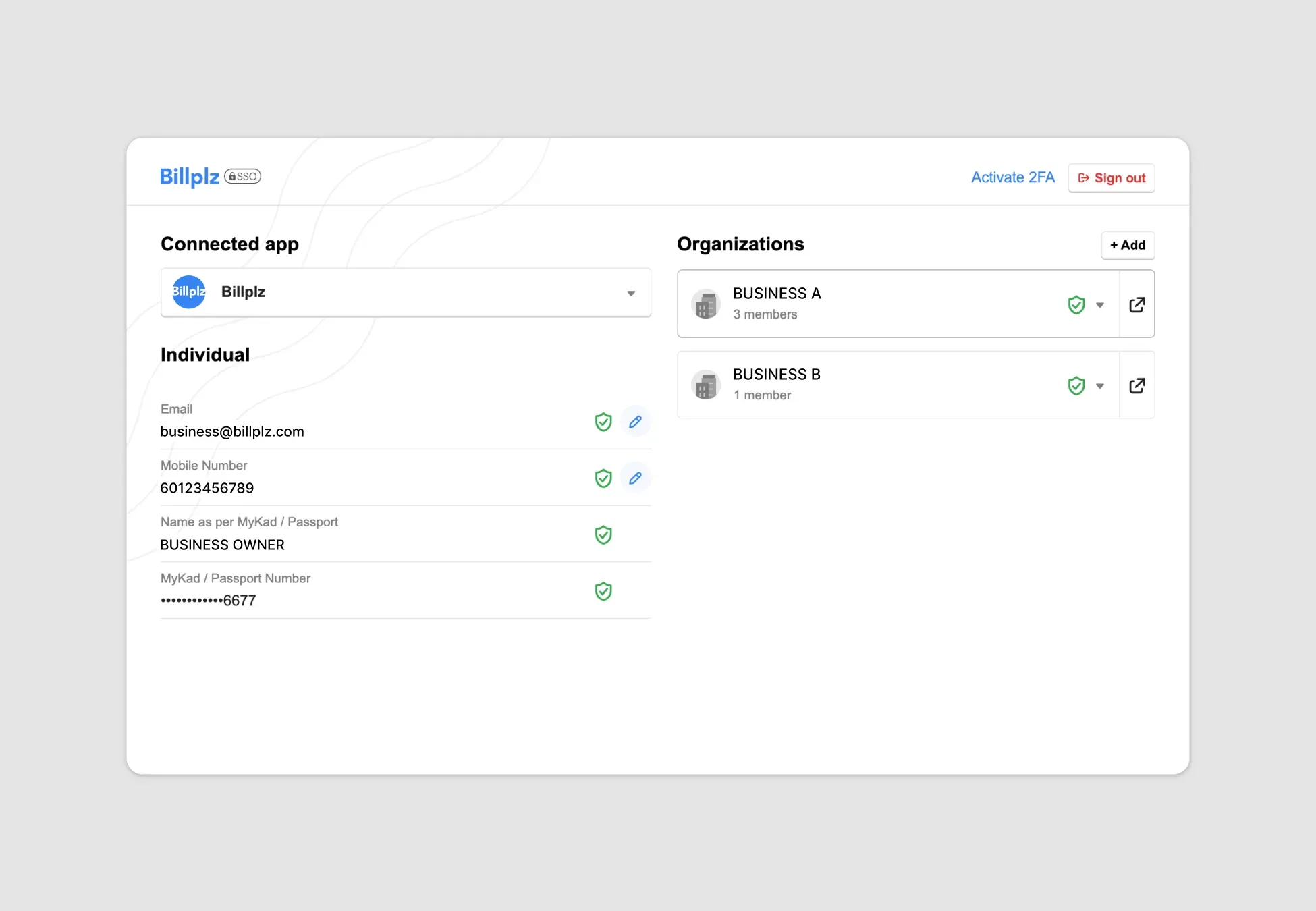 Billplz SSO Dashboard - Summary panel displaying individual profile settings alongside a structural overview of connected business groups.