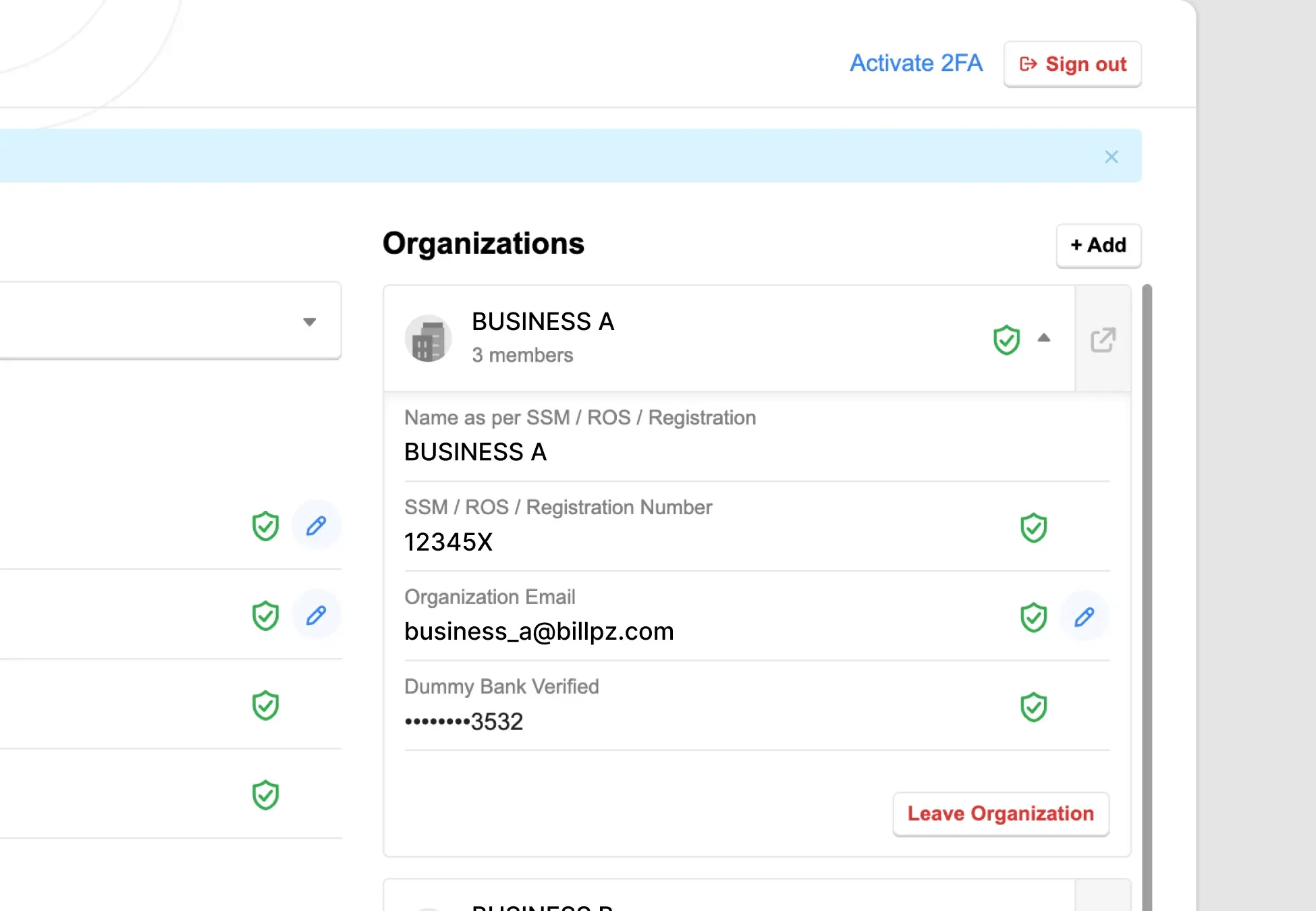 Billplz Organization Details - Expanding an active company card to locate the functional red "Leave Organization" exit button.