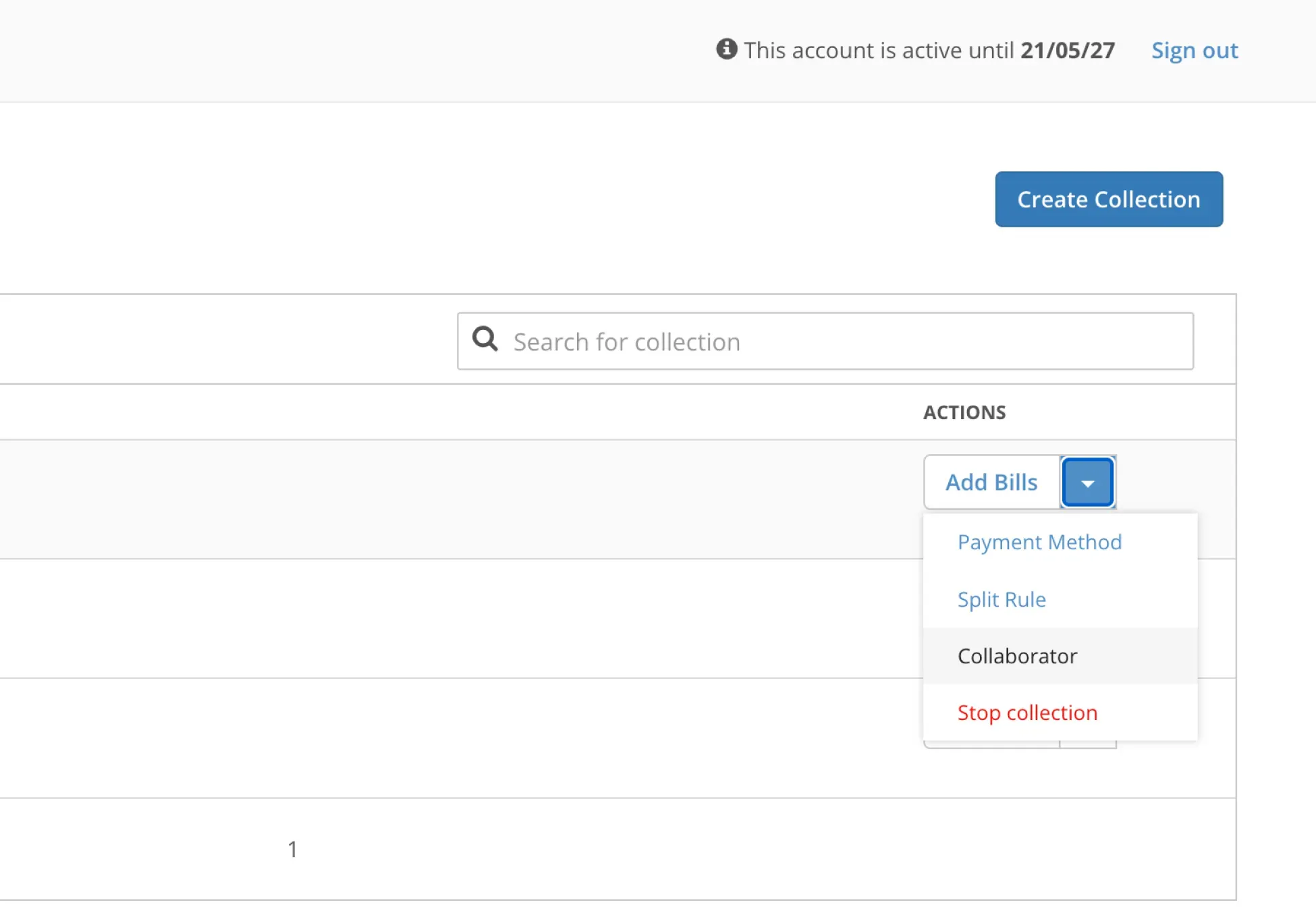 Billplz Actions Menu - Selecting the Collaborator option from a collection's dropdown action menu.