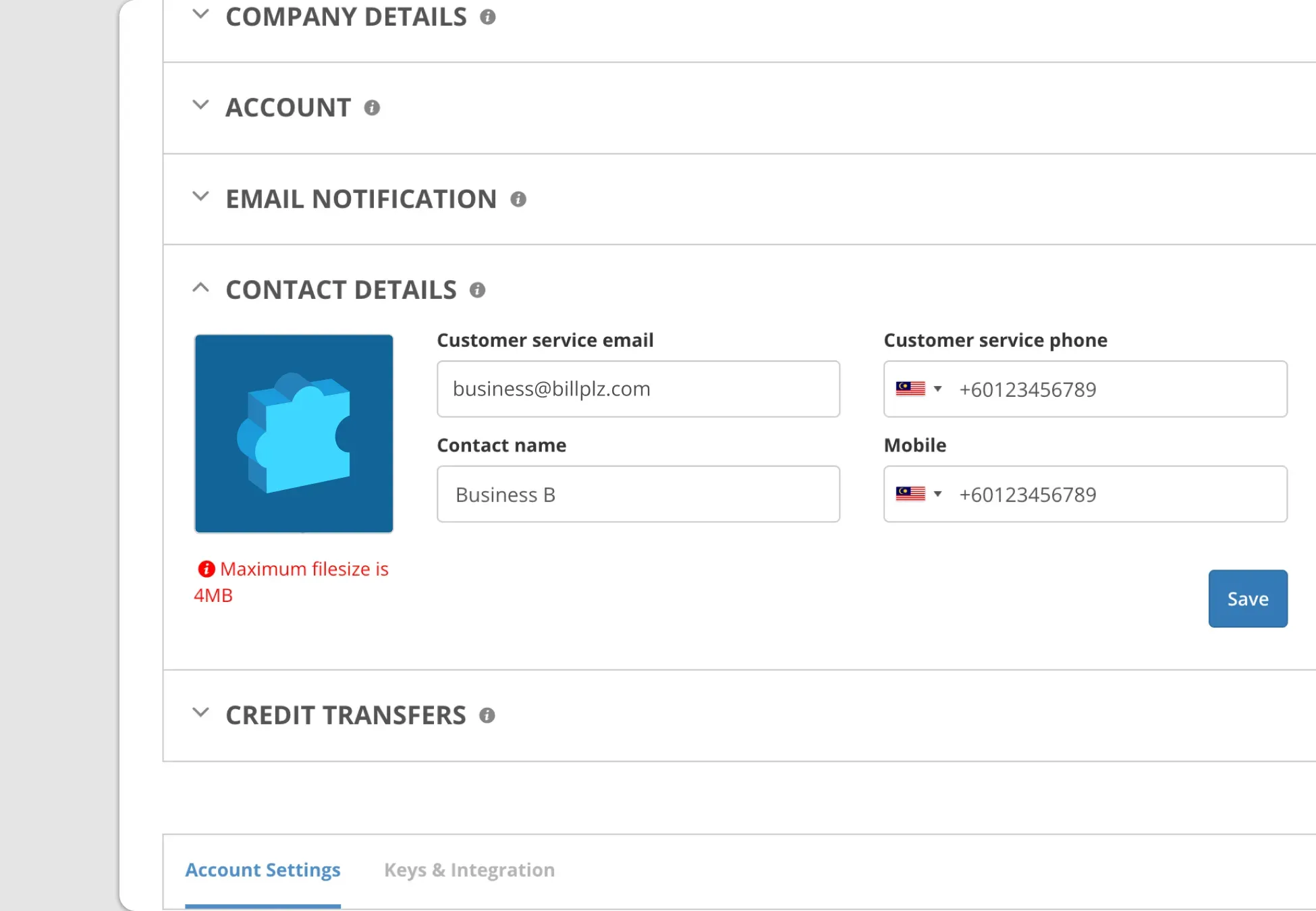 Billplz Contact Details - Updating and saving modified customer support contact details and business names.