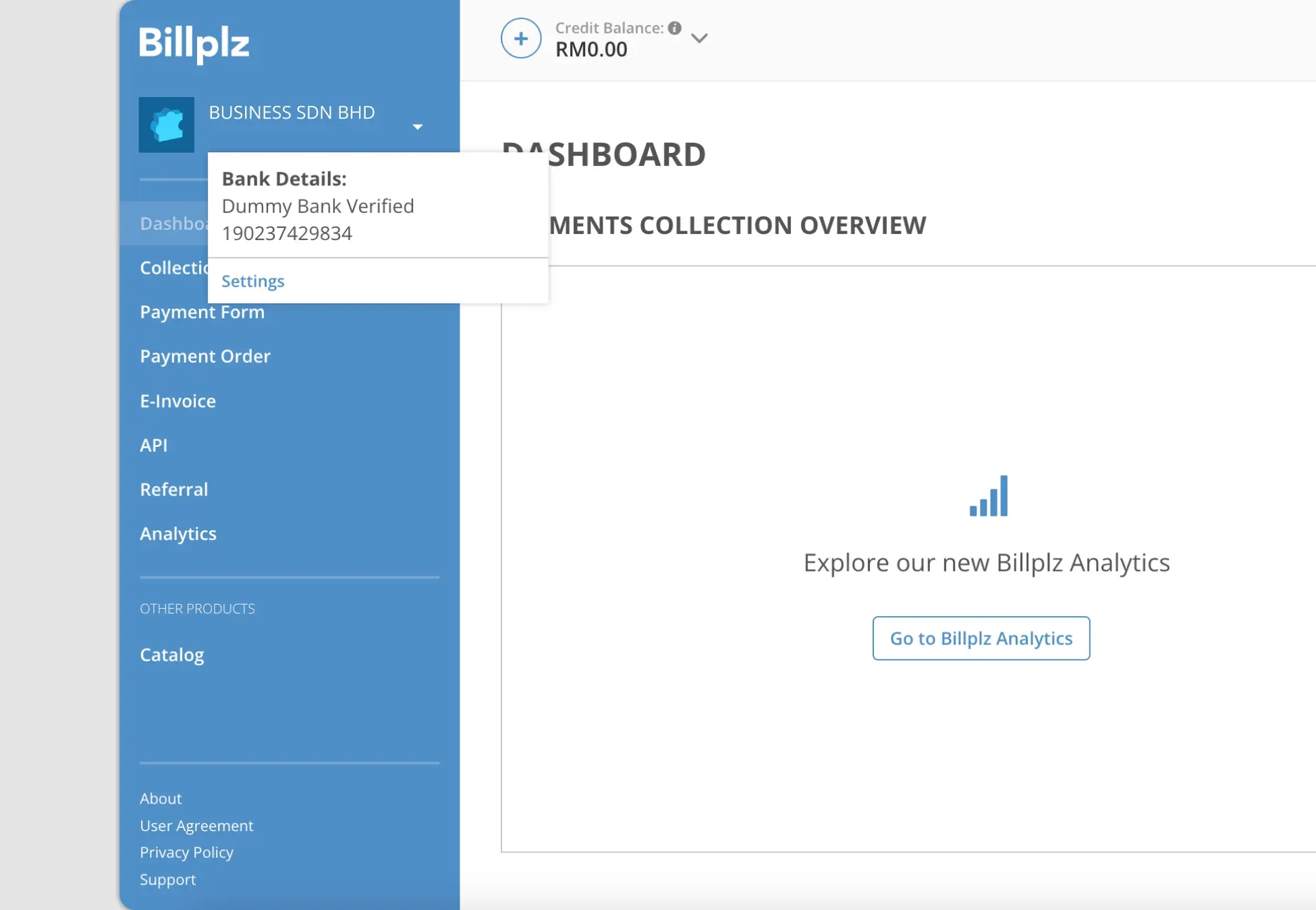 Billplz Dashboard - Navigating to account configuration options through the top merchant profile menu drop-down panel.