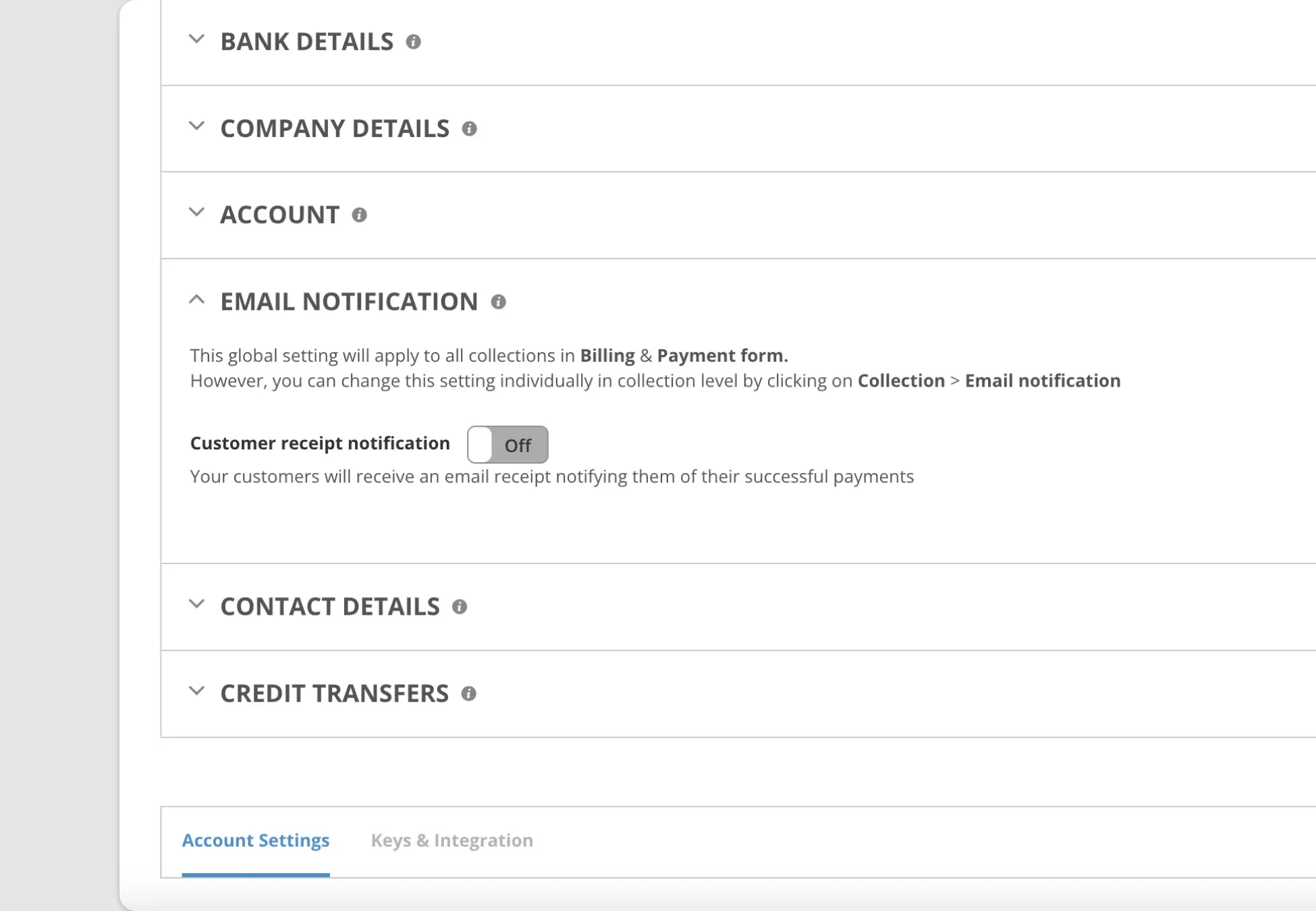 Billplz Email Settings - Deactivating global automated receipts by switching the customer notification toggle to OFF.