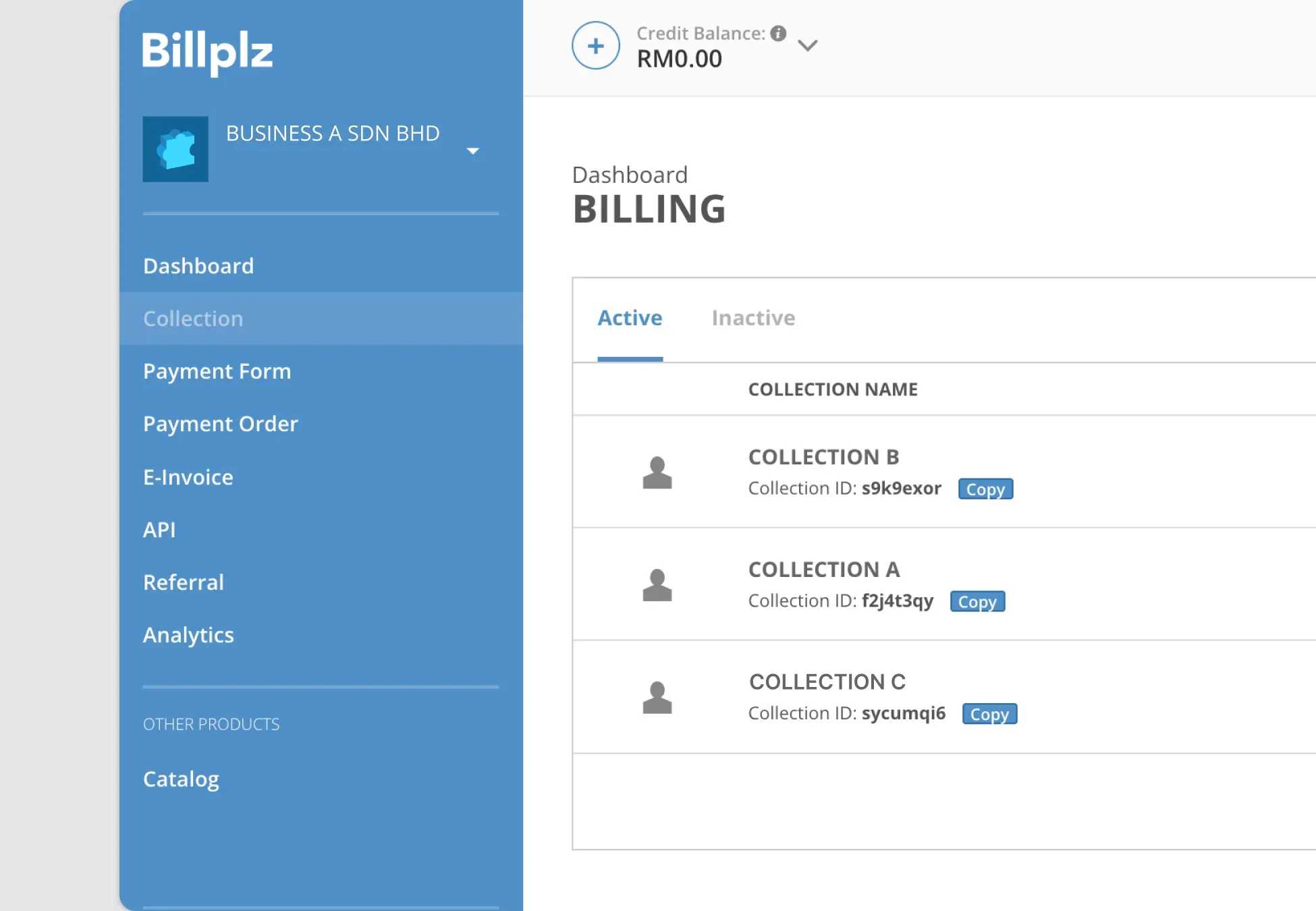 Billplz Billing Dashboard - Main collections dashboard screen tracking active payment groups like Collection A and Collection B.