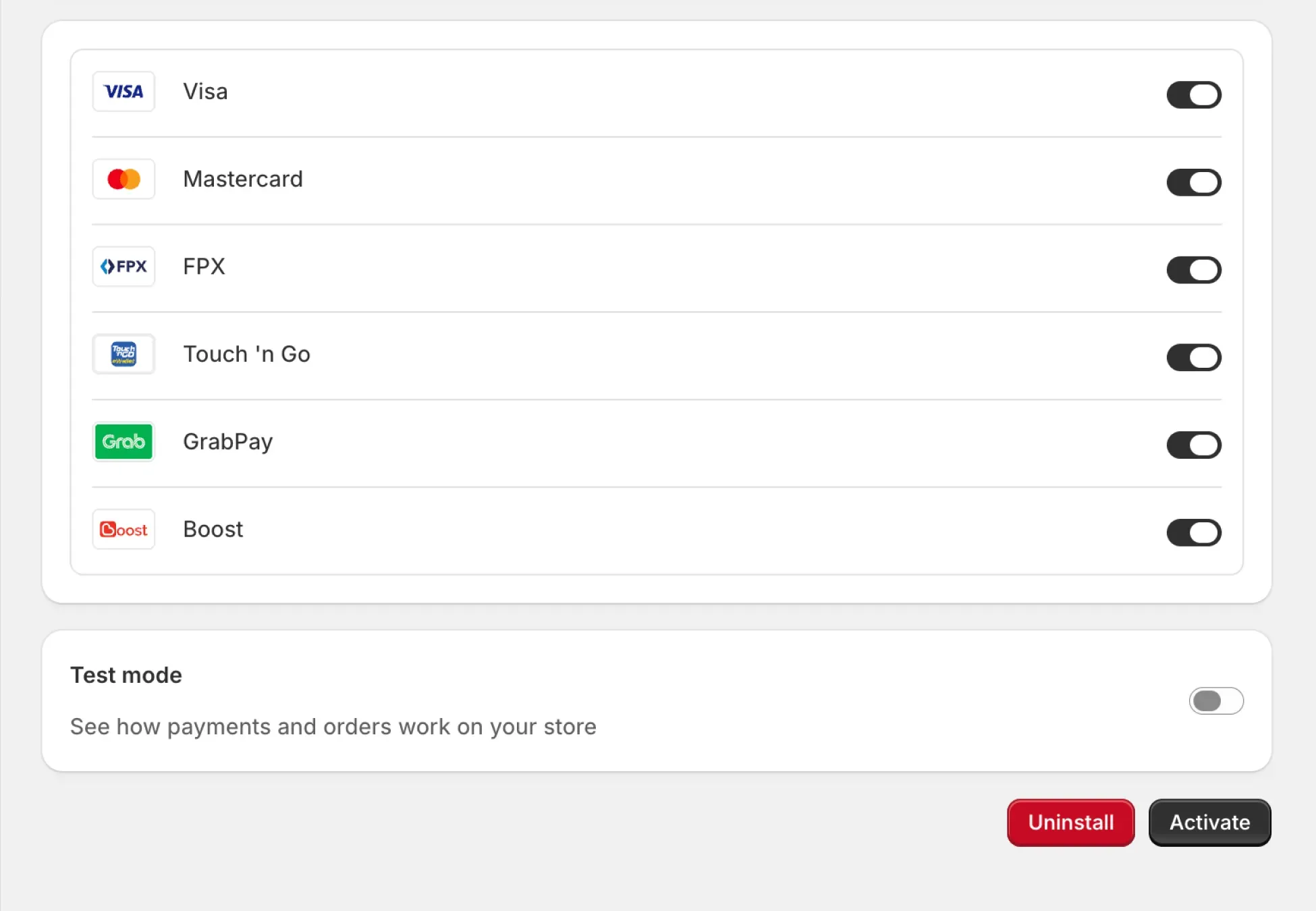 Shopify Payment Settings - Locating the primary activation buttons and test mode options at the footer of the gateway setup menu.