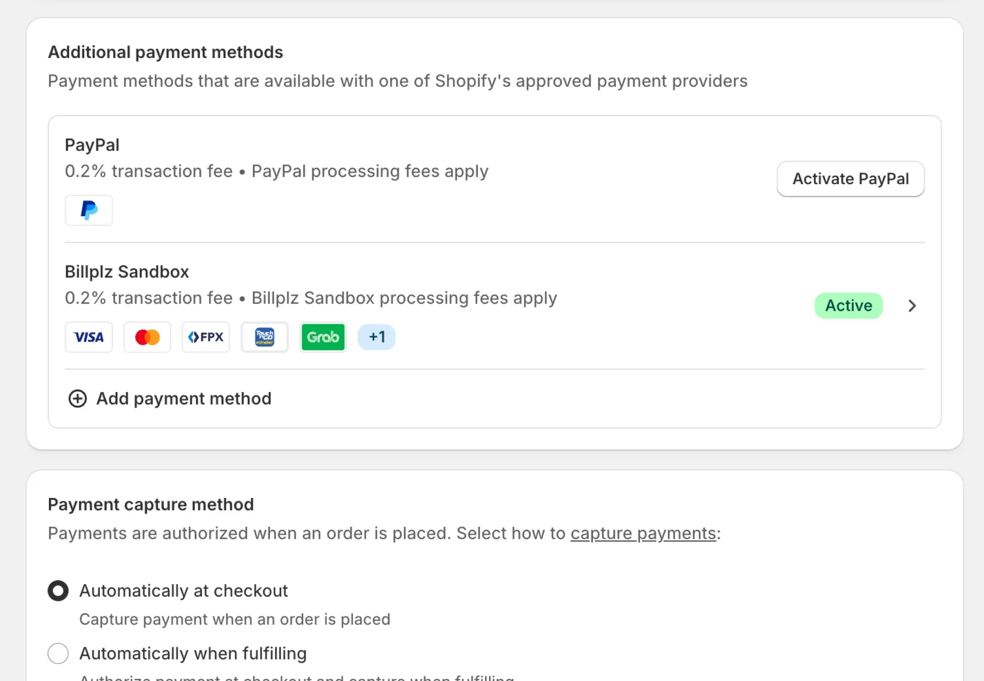 Shopify Payments Overview - Verifying that Billplz Sandbox is active with a green badge under the store's approved payment providers list.