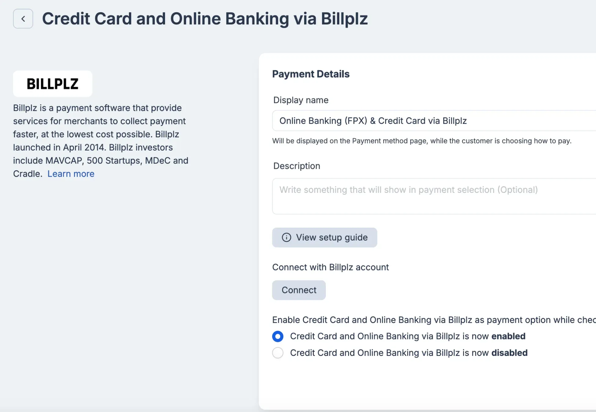 EasyStore Billplz Settings - Setting up custom payment details including the display name and account connection parameters.