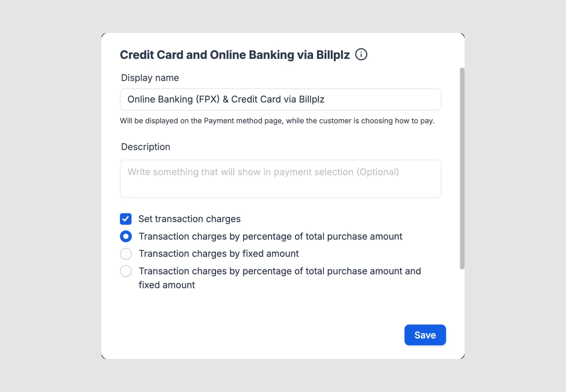 EasyStore Transaction Charges - Configuring optional checkout fees passed to customers, illustrated with the percentage-based calculation type selected.