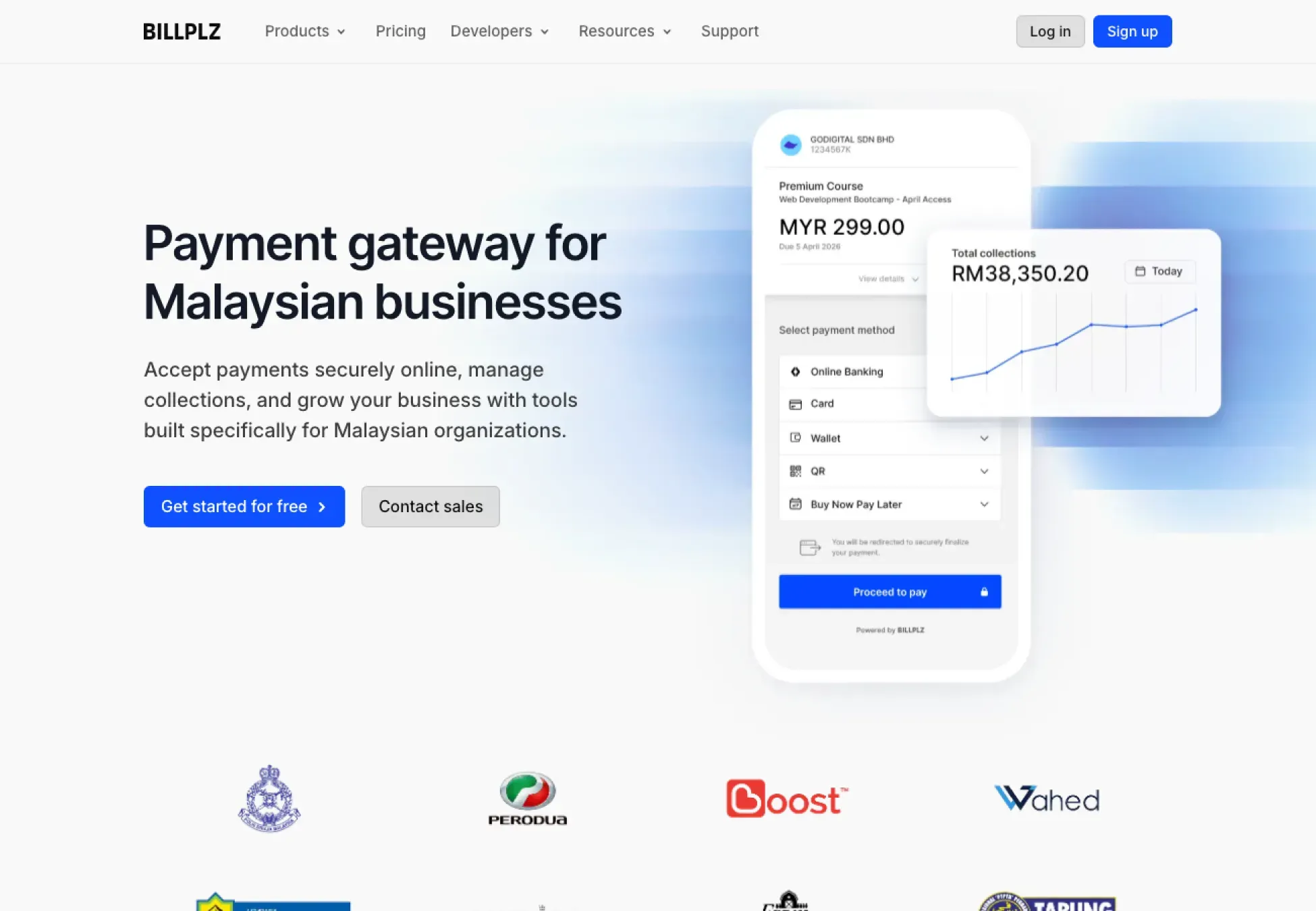 Billplz Homepage - Main landing page showcasing the payment gateway interface with "Log in" and "Sign up" buttons.