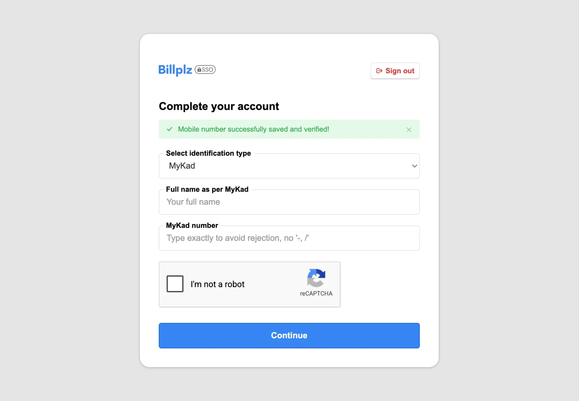 Billplz Identity Verification - Personal detail form displaying a successful mobile verification banner and fields for MyKad information.
