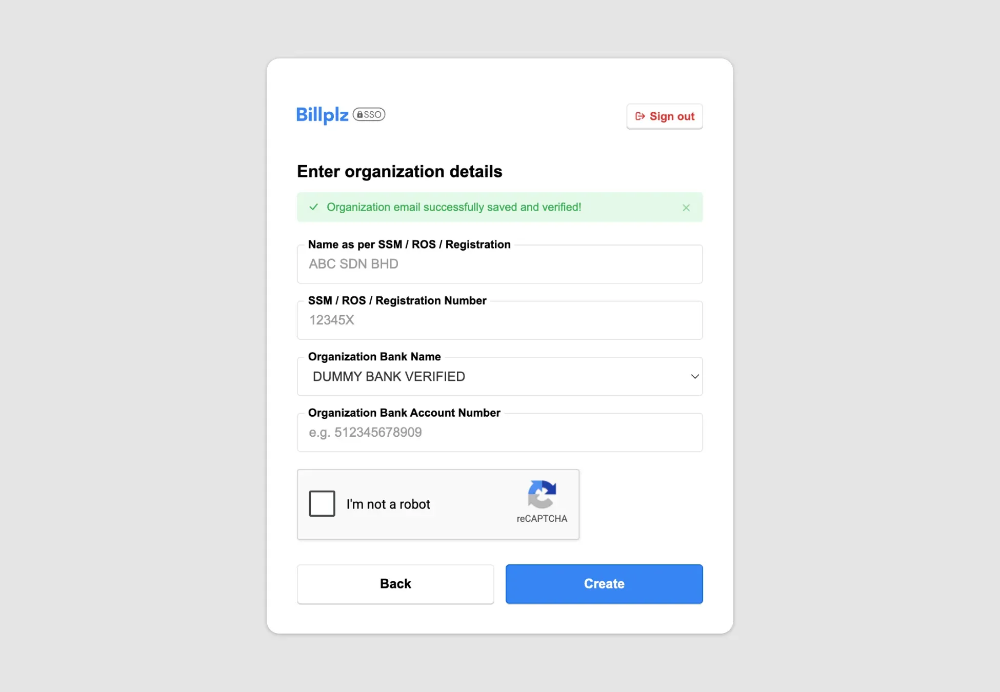 Billplz Organization Details - Business configuration form showing a verified organization email banner alongside placeholder registration and dummy banking fields.