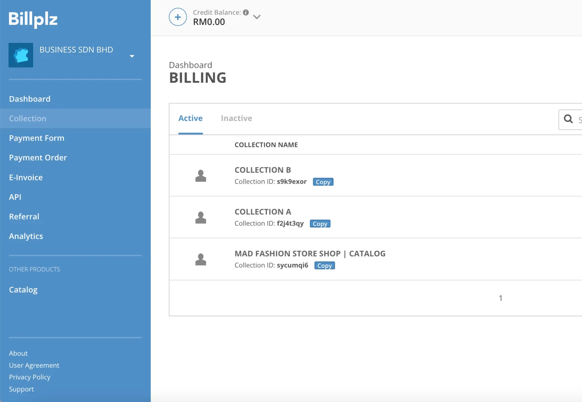 Billplz Billing Dashboard - Main collections landing screen displaying currently active payment groups.