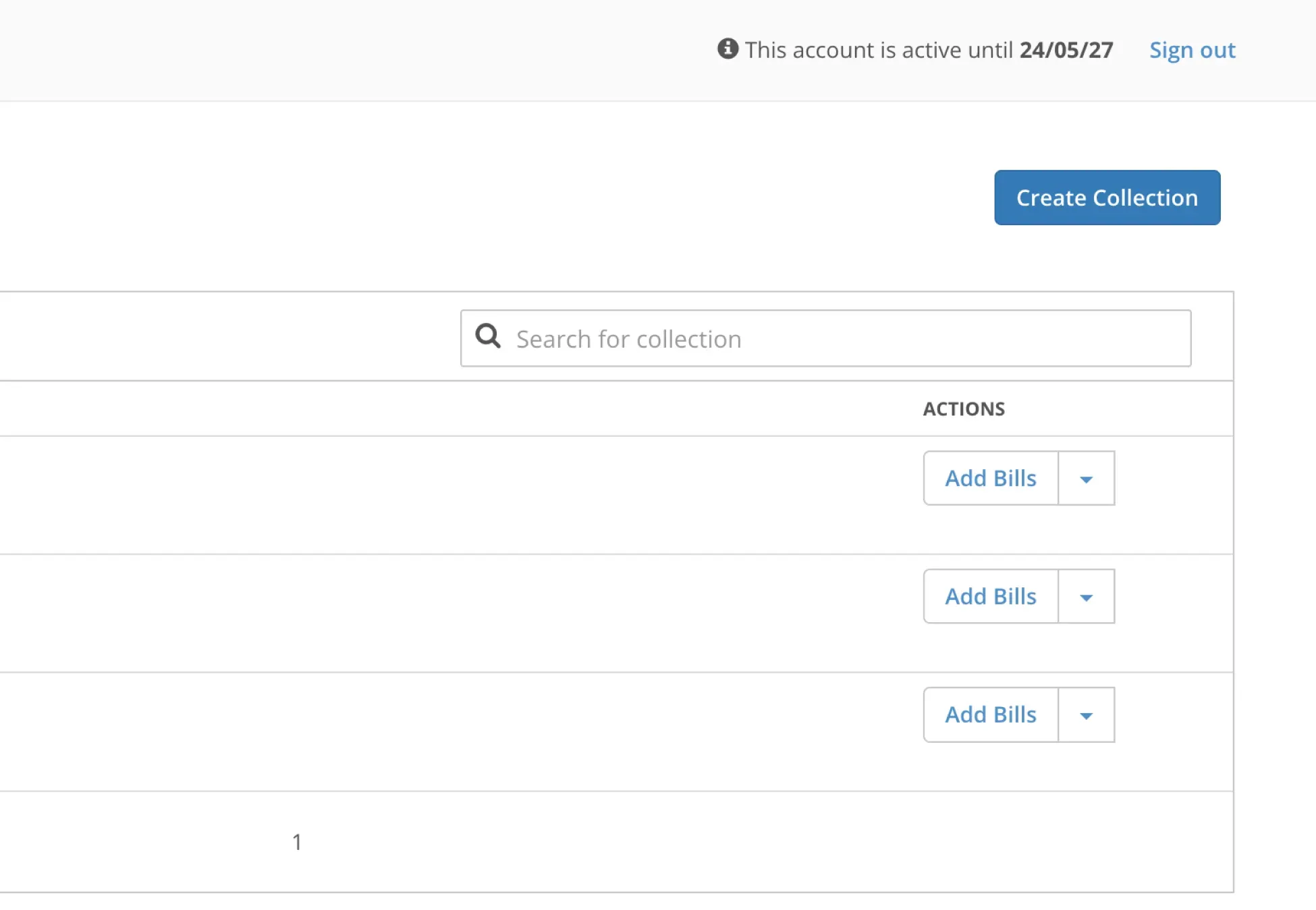 Billplz Collections List - Navigating to the action header area to locate the blue "Create Collection" button.