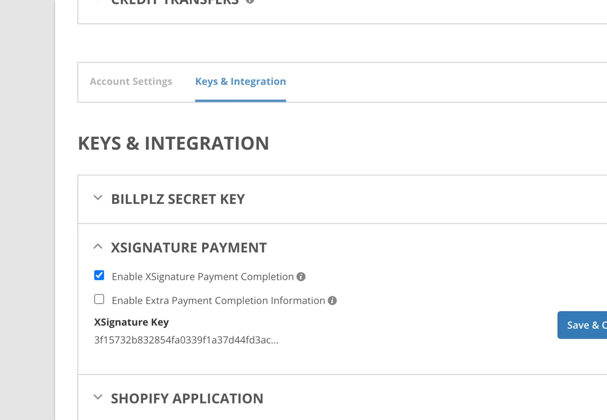 Billplz Keys & Integration - The XSignature Payment section with the option "Enable Extra Payment Completion Information" left unchecked.